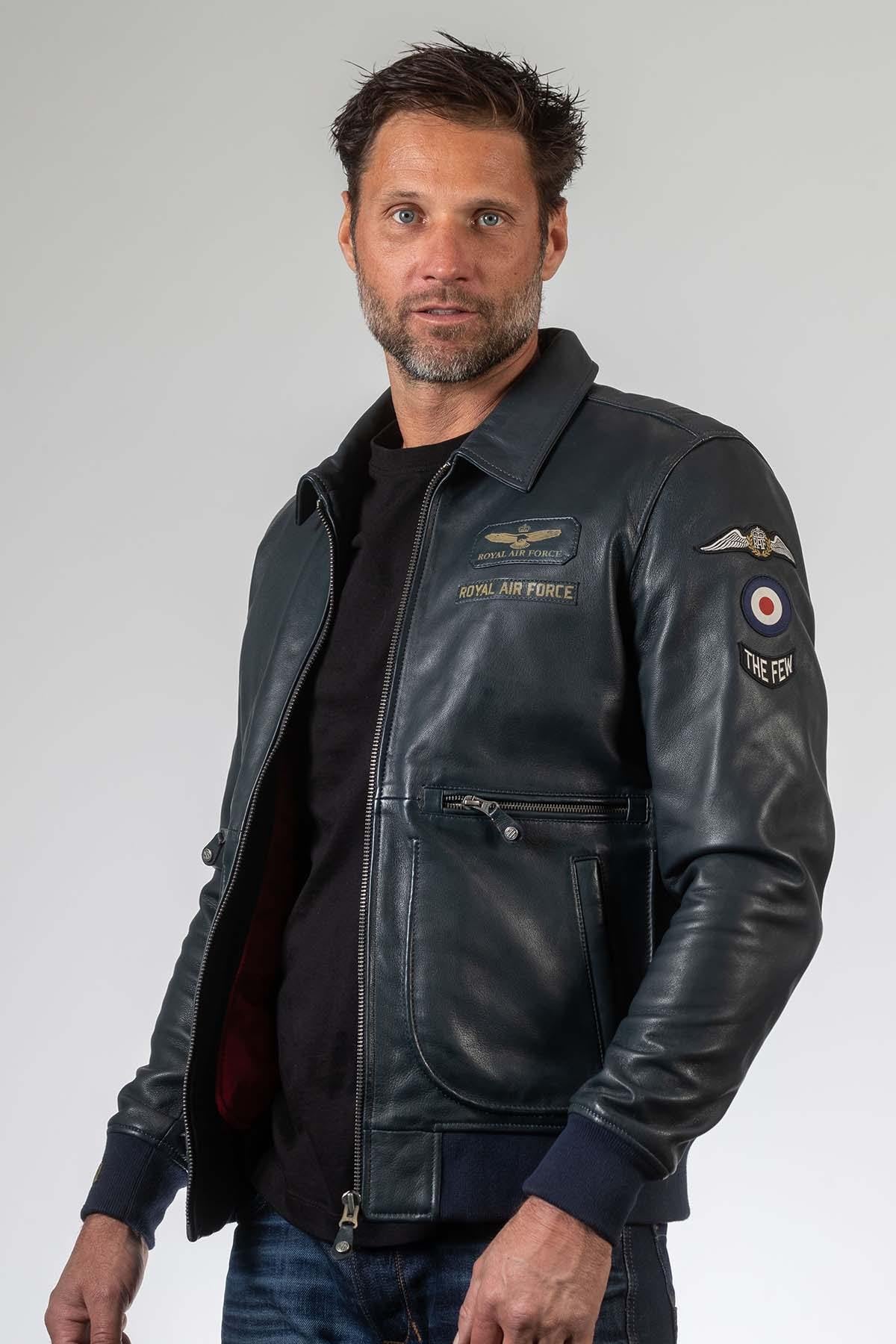 Navy blue aviator style leather jacket with shirt collar - Image n°1