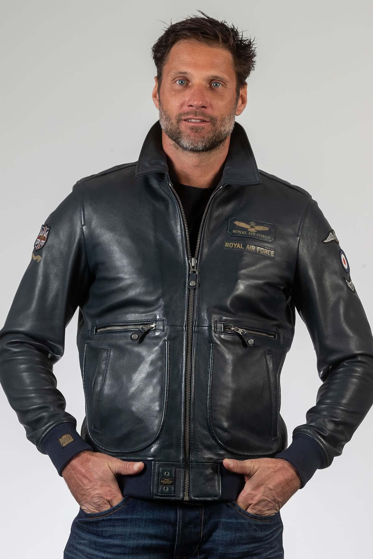 Navy blue aviator style leather jacket with shirt collar - Image n°3