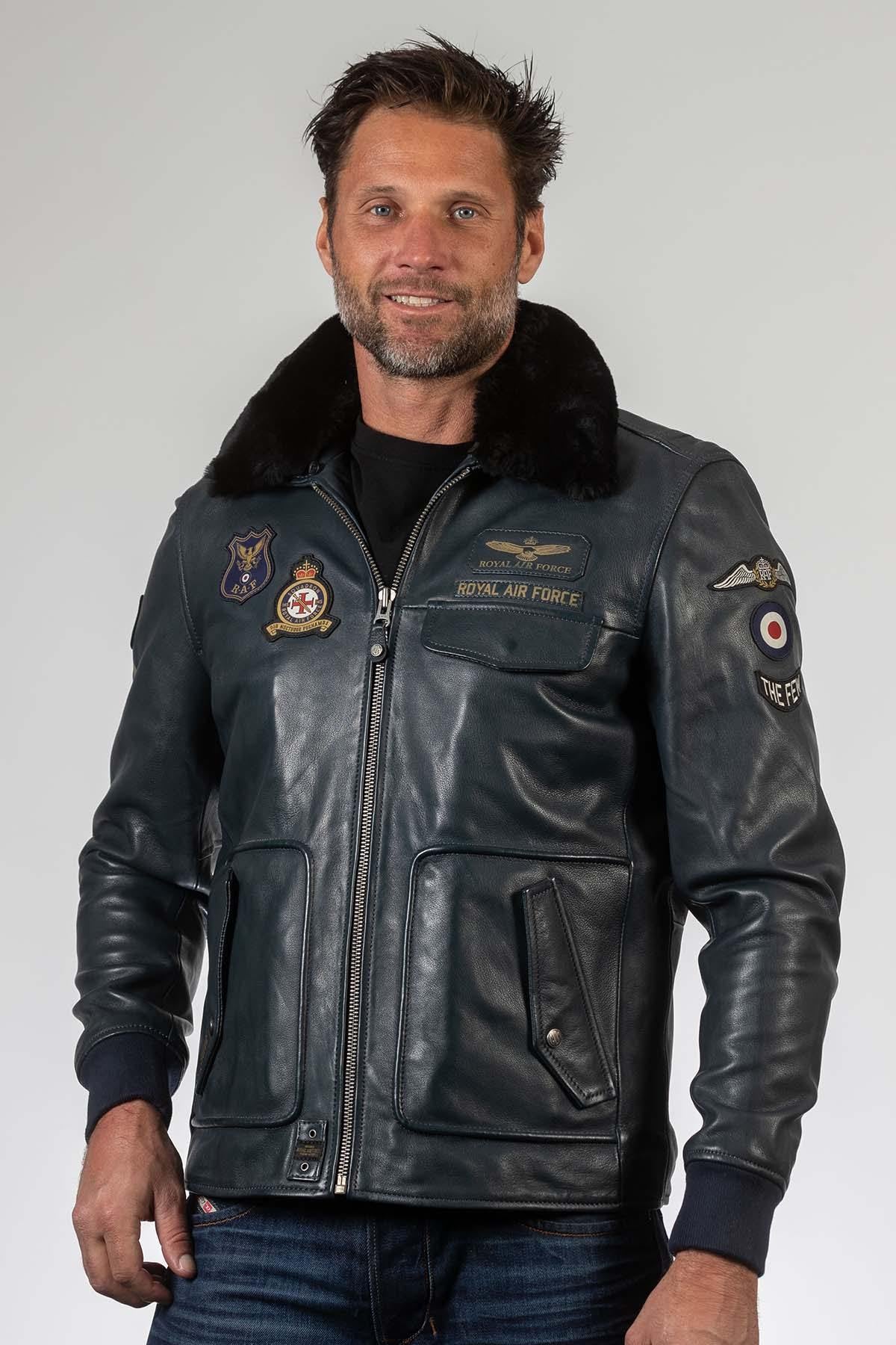 Men's navy blue leather bomber jacket - Image n°4