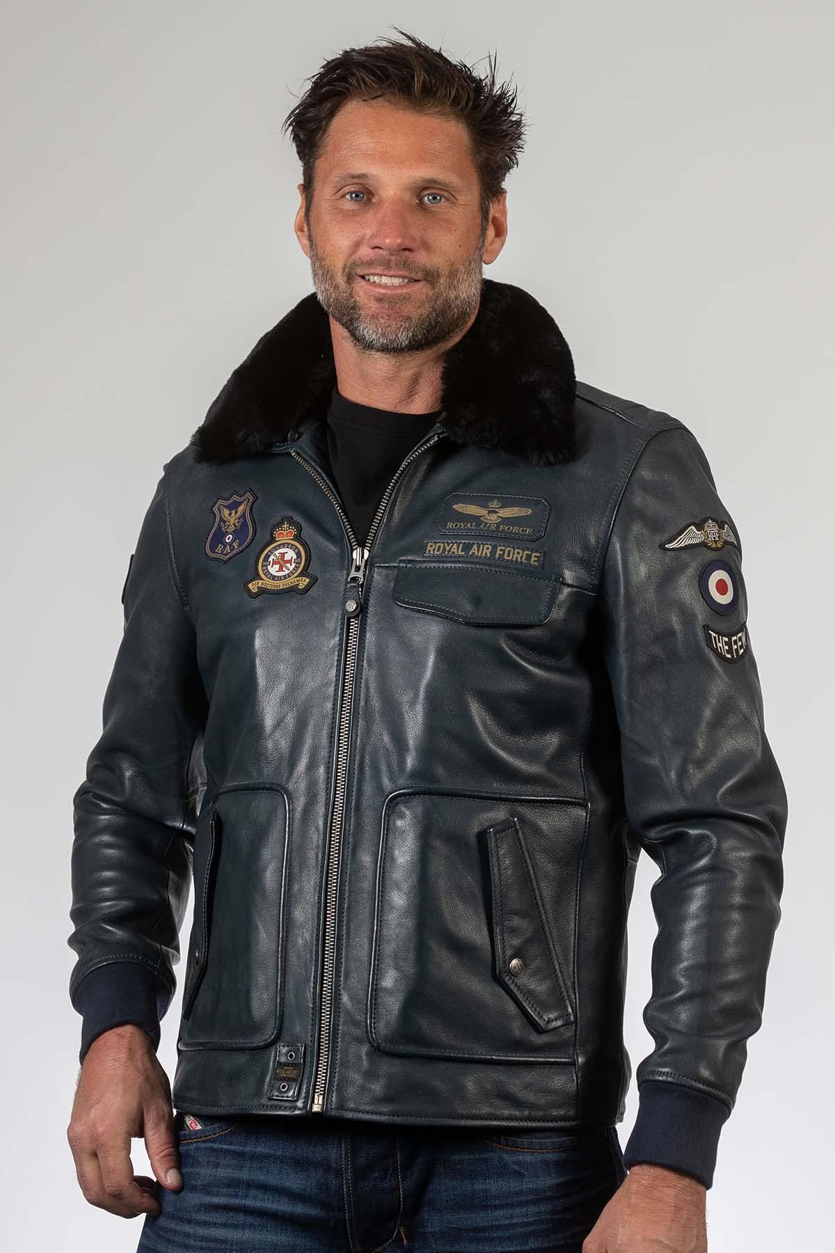 Men's navy blue leather bomber jacket - Image n°4