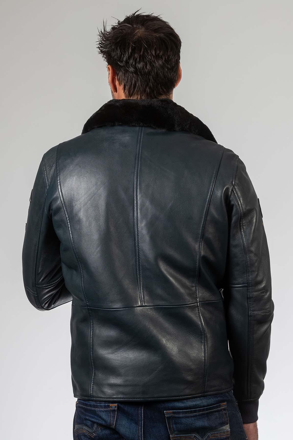 Men's navy blue leather bomber jacket - Image n°5