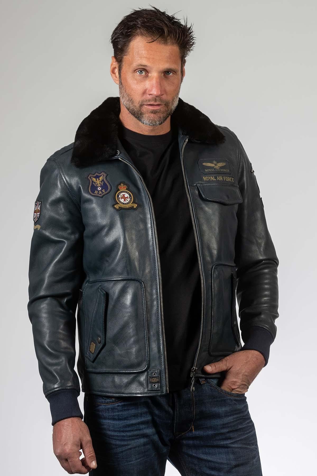 Men's navy blue leather bomber jacket - Image n°6