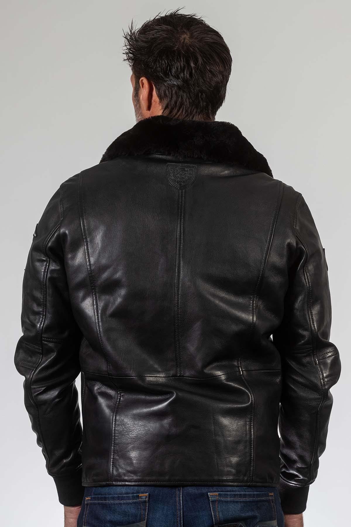 Men's black leather bomber jacket - Image n°3