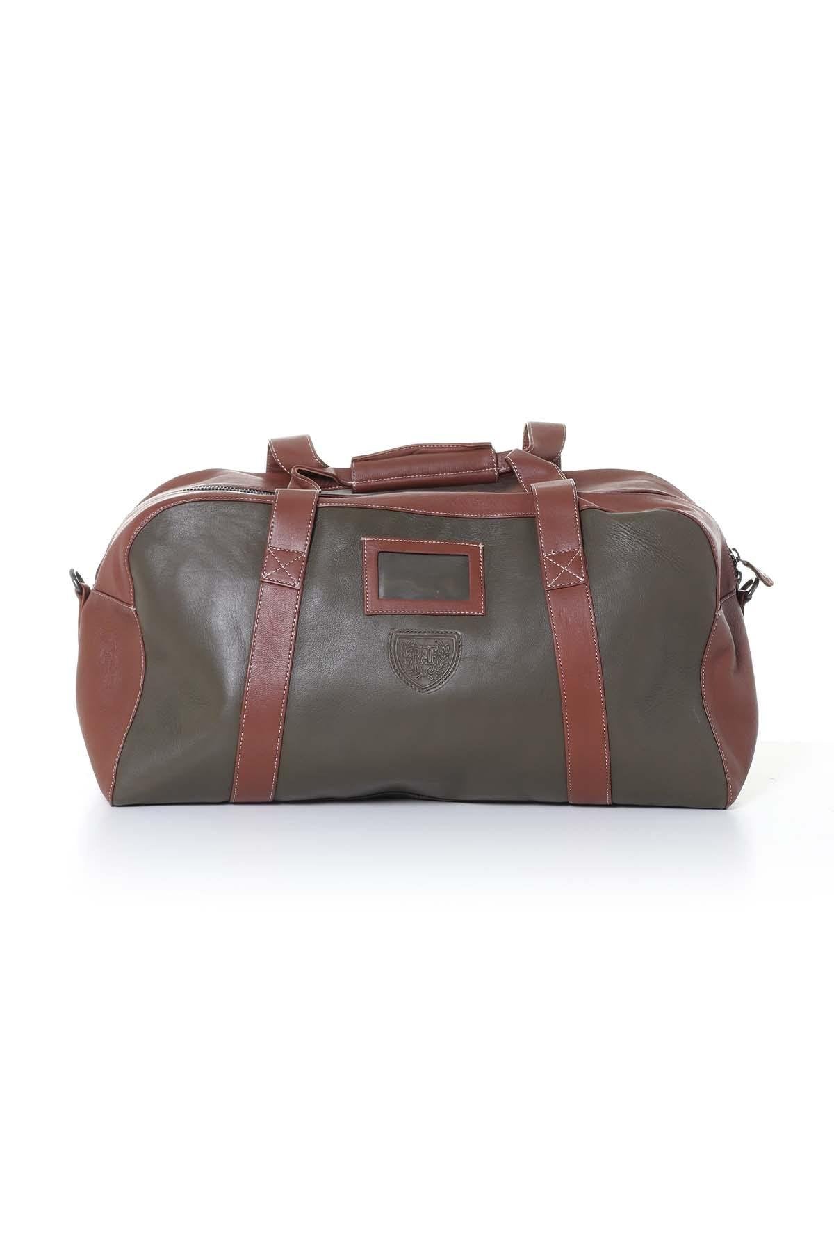 Dark khaki leather travel bag with patches - Image n°6