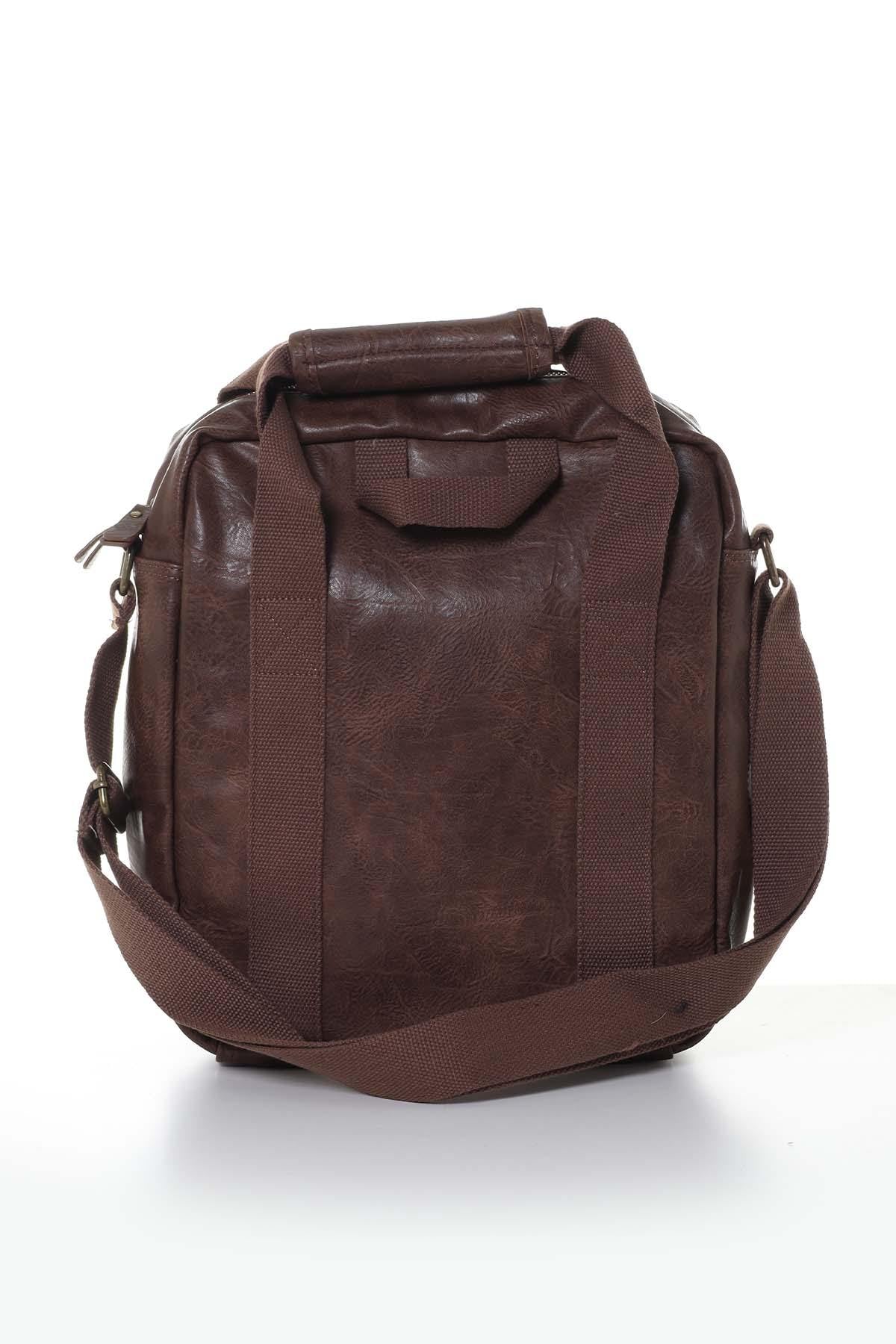 Brown imitation leather bag with patches - Image n°3