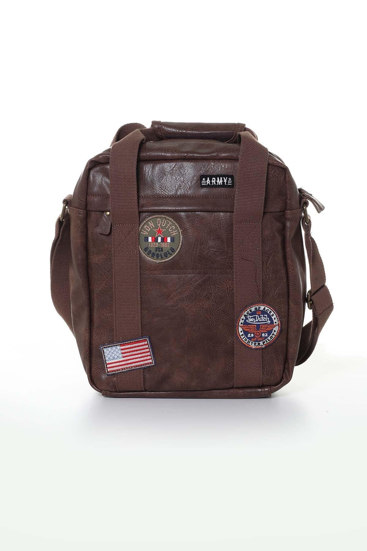 Brown imitation leather bag with patches - Image n°1