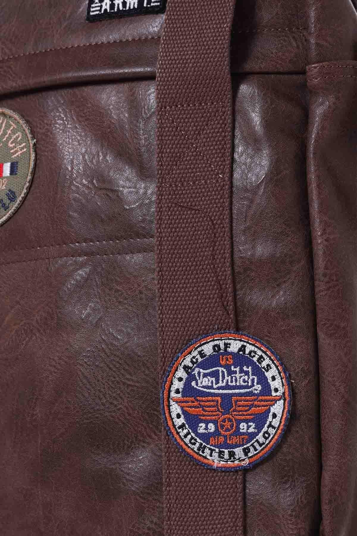 Brown imitation leather bag with patches - Image n°2