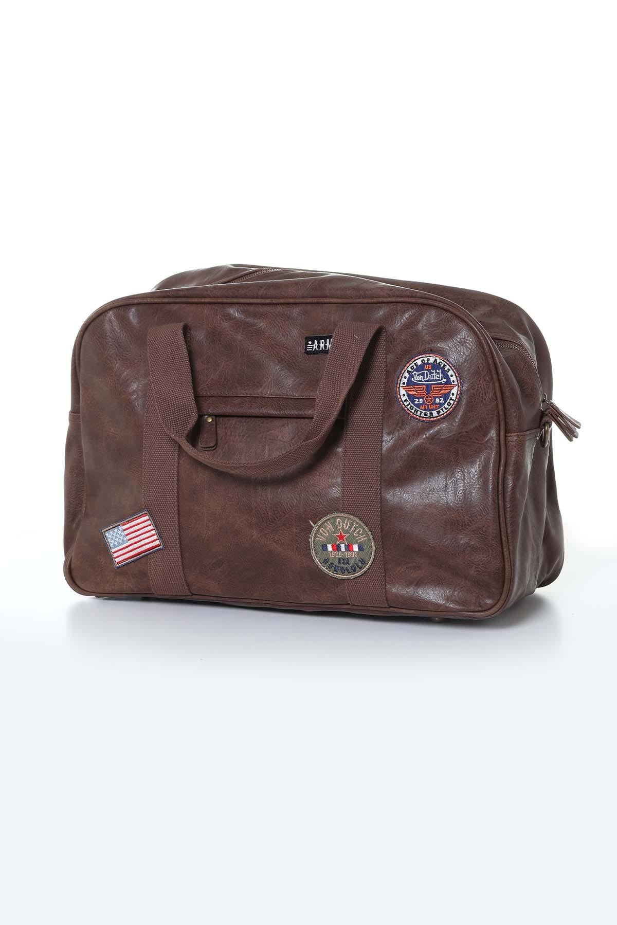 Brown imitation leather satchel with patches - Image n°1