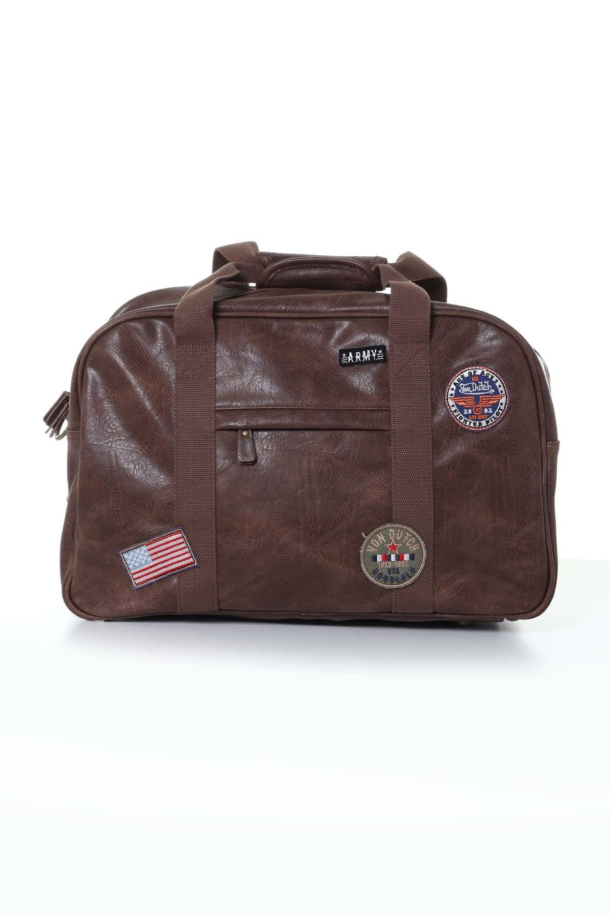 Brown imitation leather satchel with patches - Image n°3