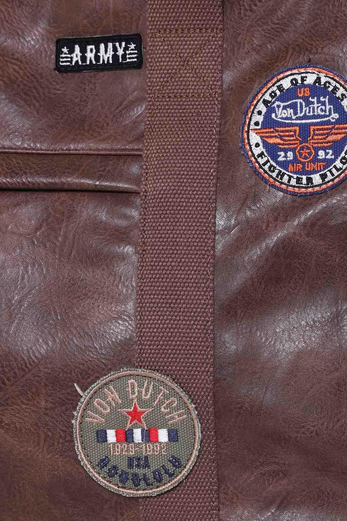 Brown imitation leather satchel with patches - Image n°2