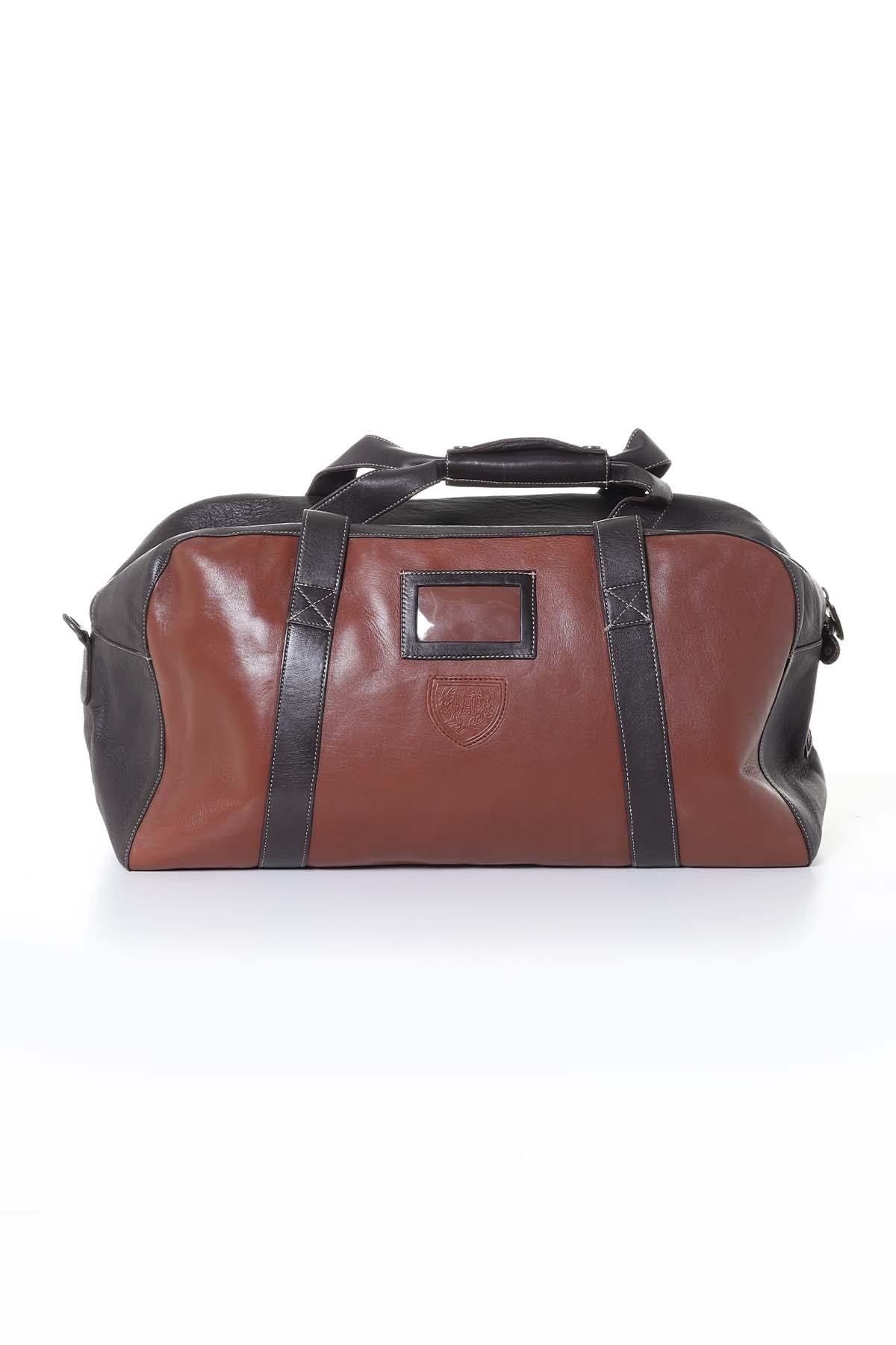 Tortoise brown leather travel bag with patches - Image n°4