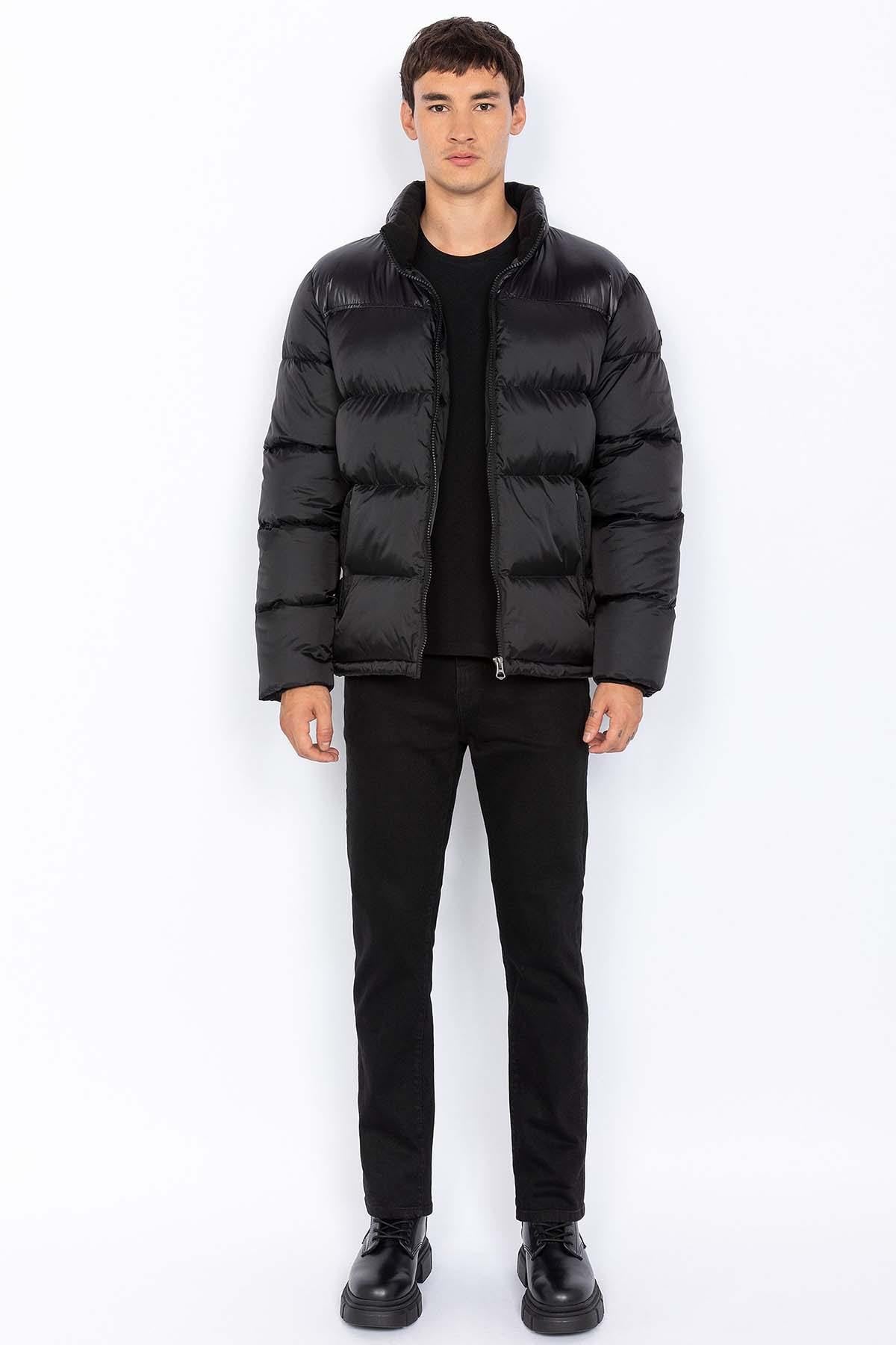 Men's black leather bomber jacket with black patches - Image n°2