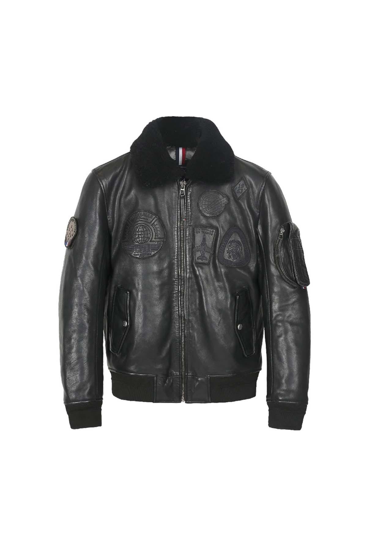 Men's black leather bomber jacket with black patches - Image n°8