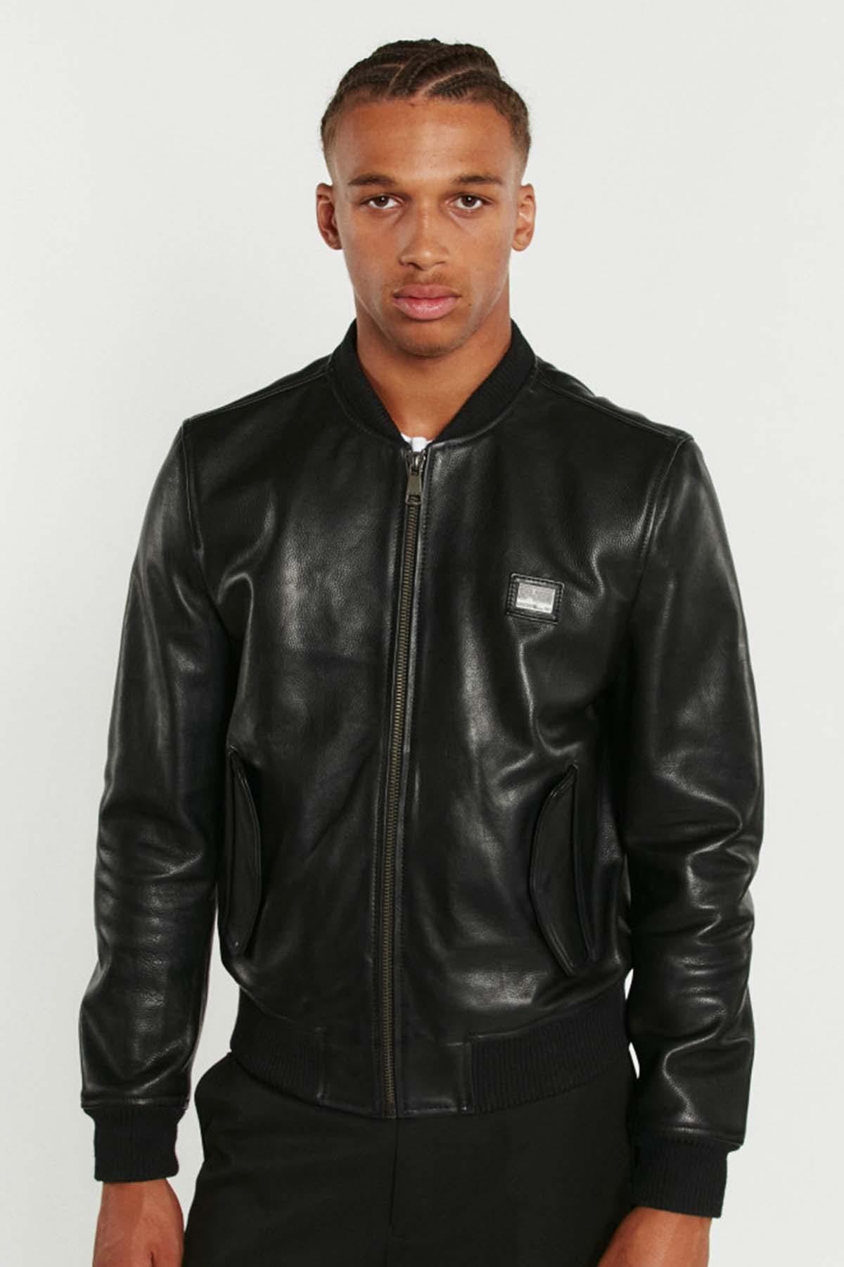 Black round neck leather jacket for men - Image n°3