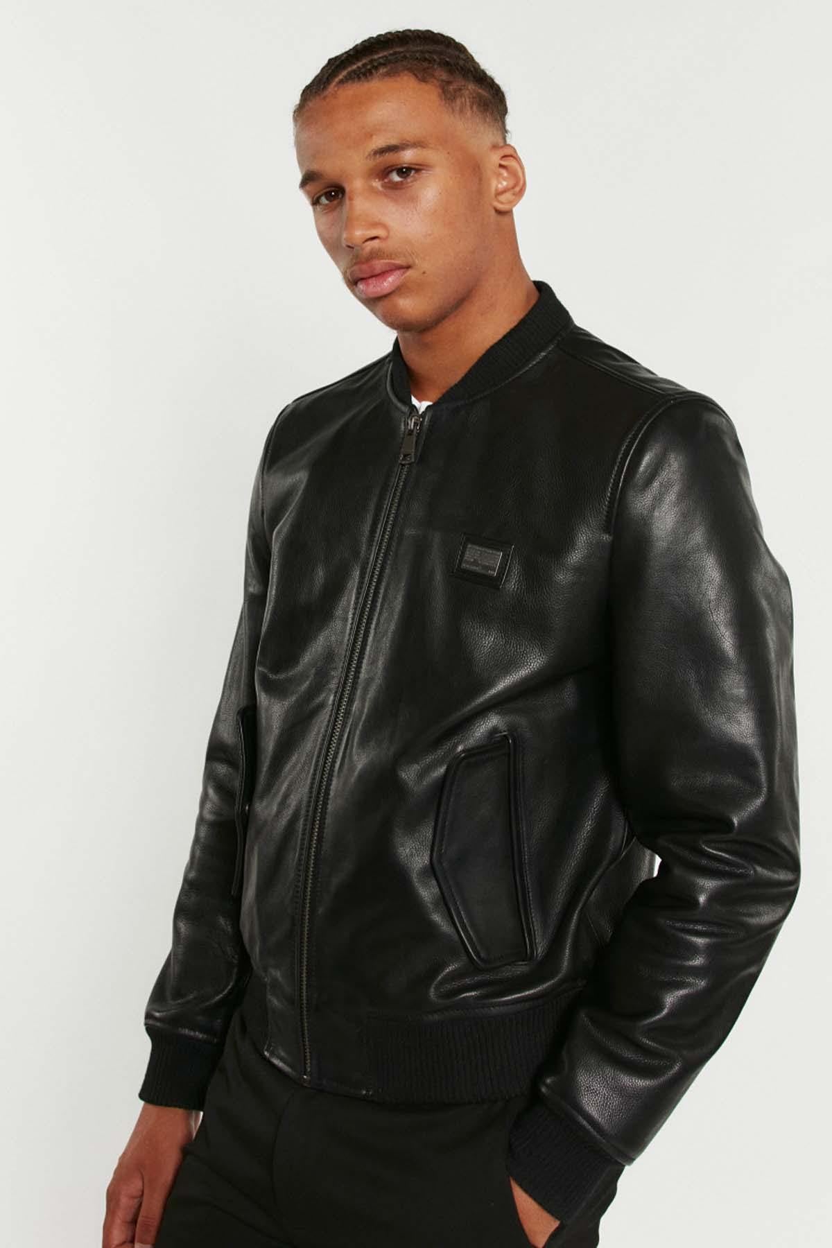 Black round neck leather jacket for men - Image n°4