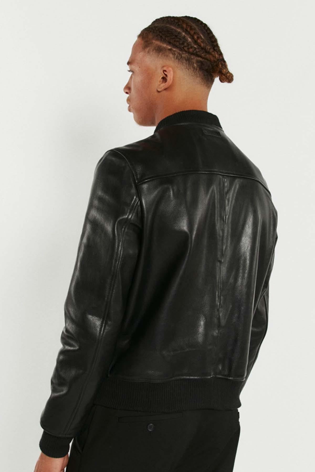 Black round neck leather jacket for men - Image n°2