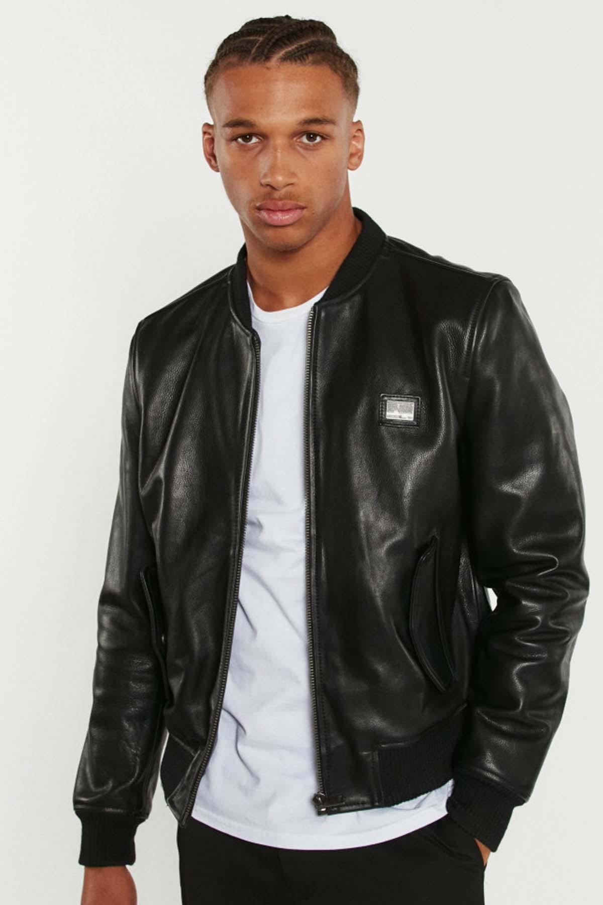 Black round neck leather jacket for men - Image n°1