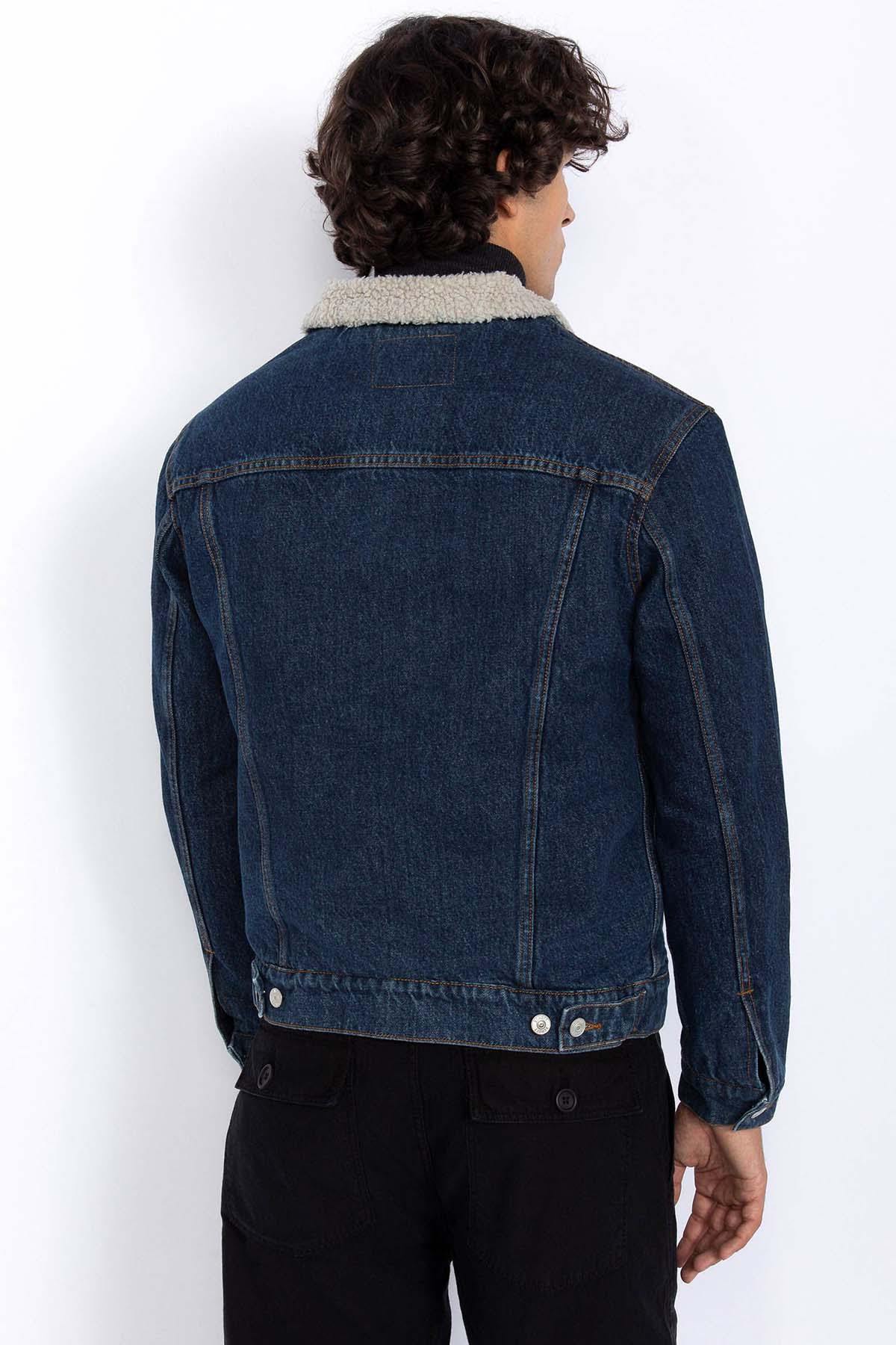 Men's fur collar denim jacket - Image n°3