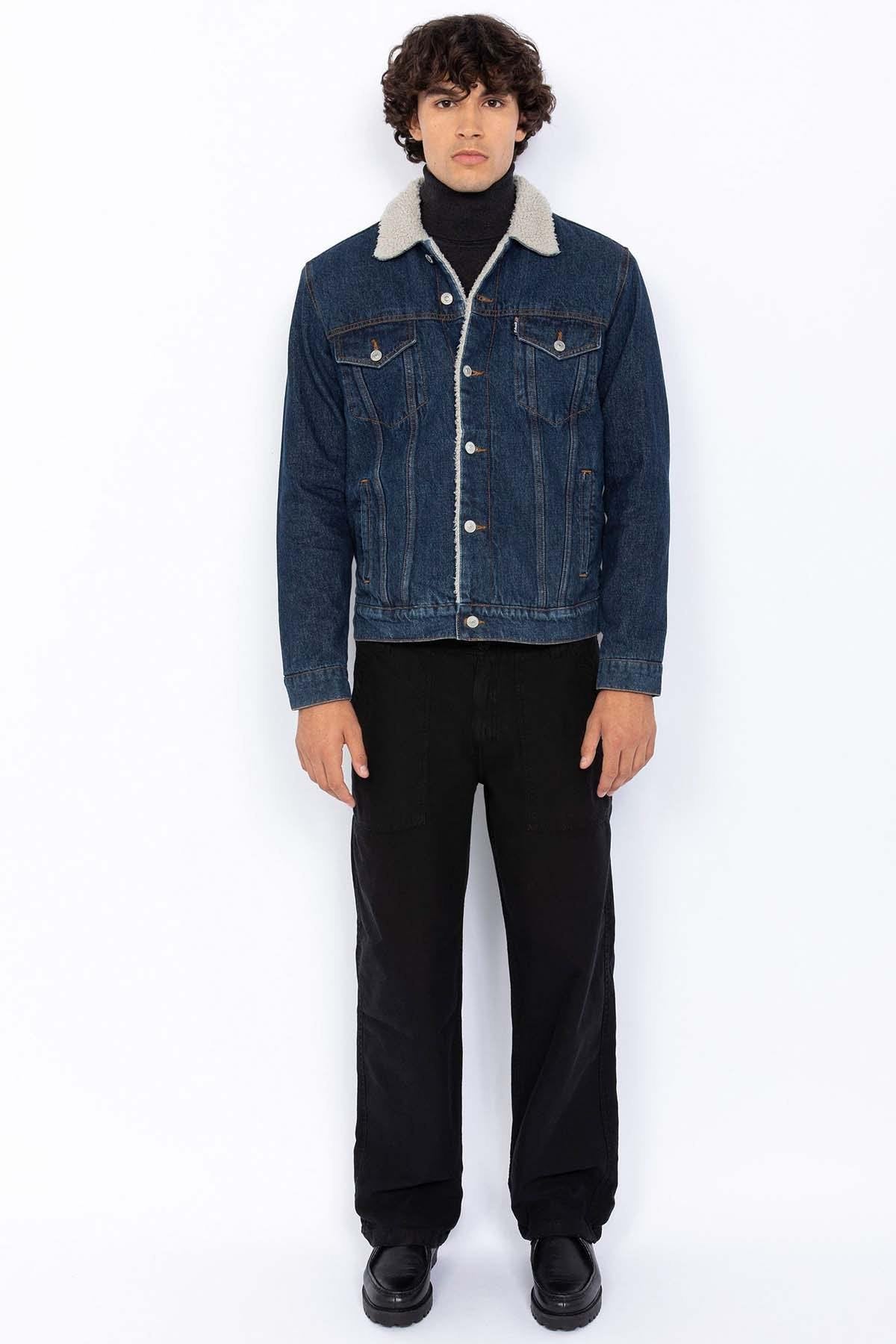 Men's fur collar denim jacket - Image n°4