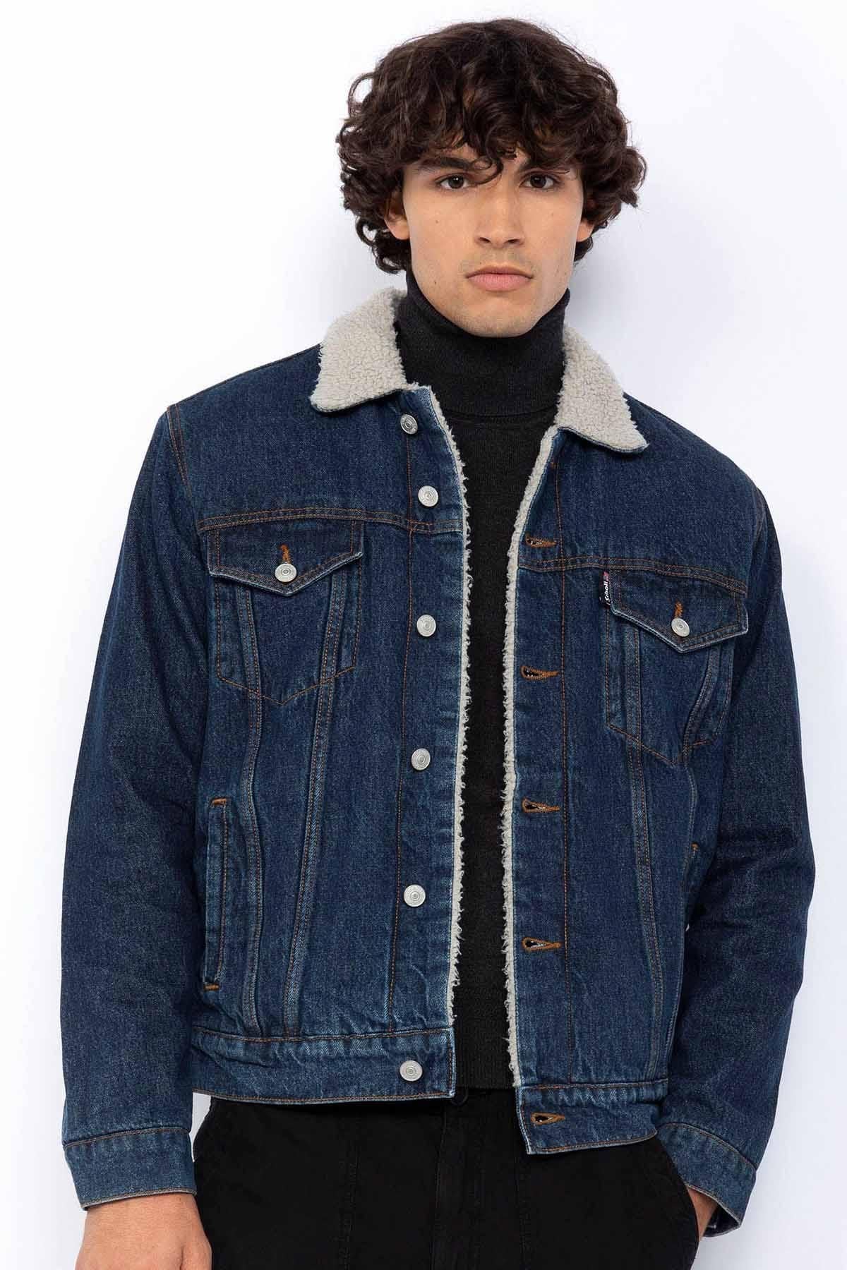 Men's fur collar denim jacket - Image n°1