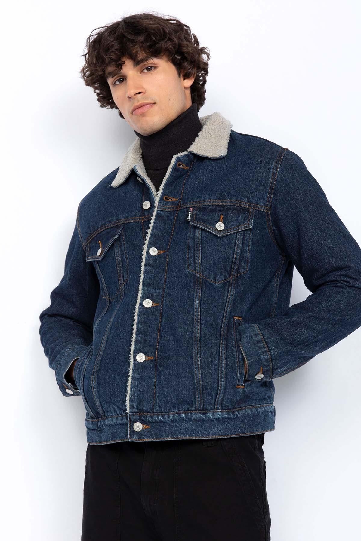 Men's fur collar denim jacket - Image n°5