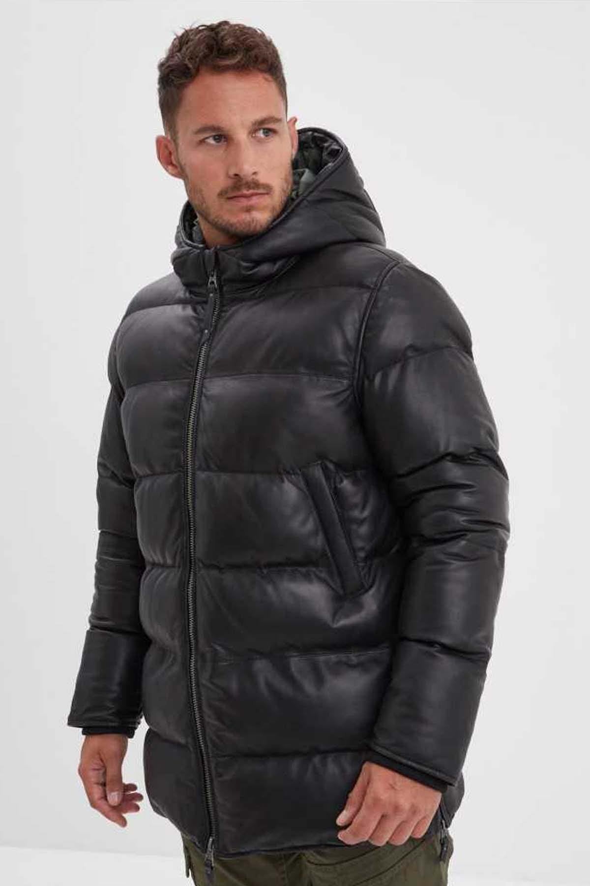 Black leather down jacket for men - Image n°1