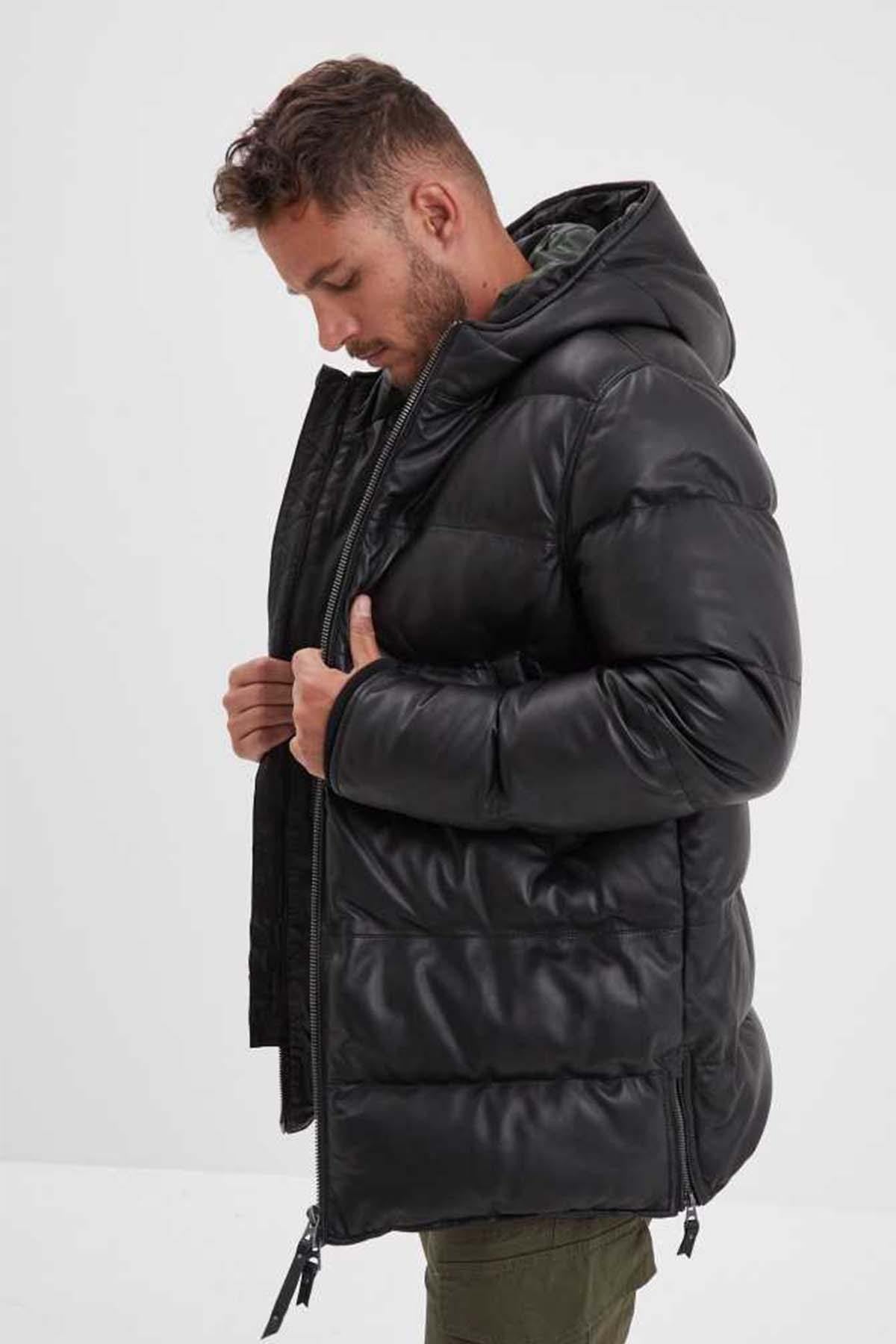 Black leather down jacket for men - Image n°3