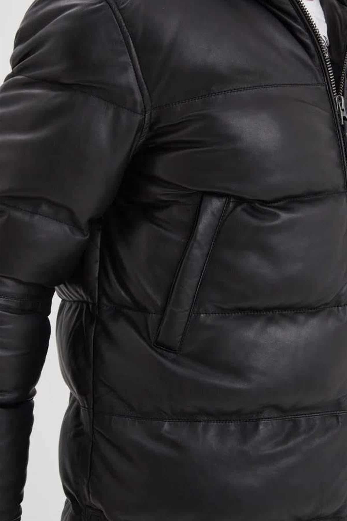 Black leather down jacket for men - Image n°5