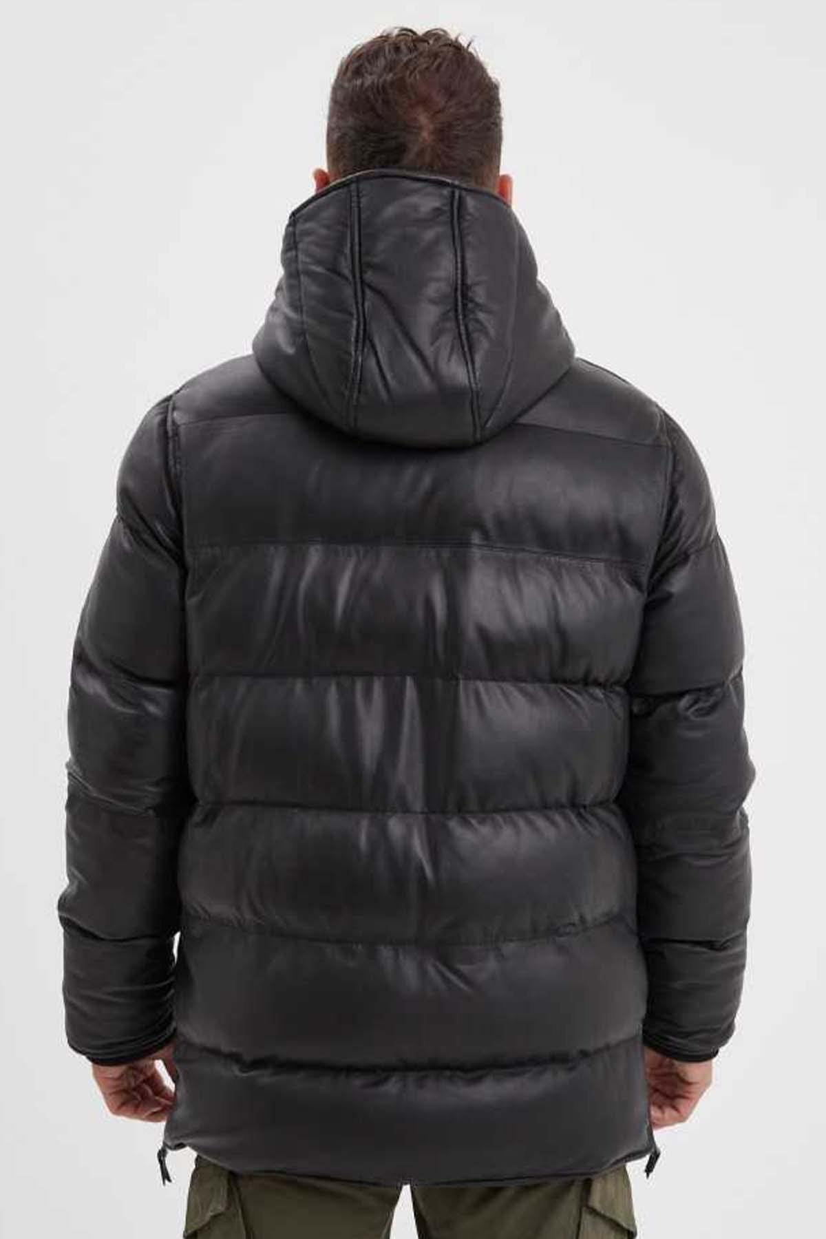 Black leather down jacket for men - Image n°4