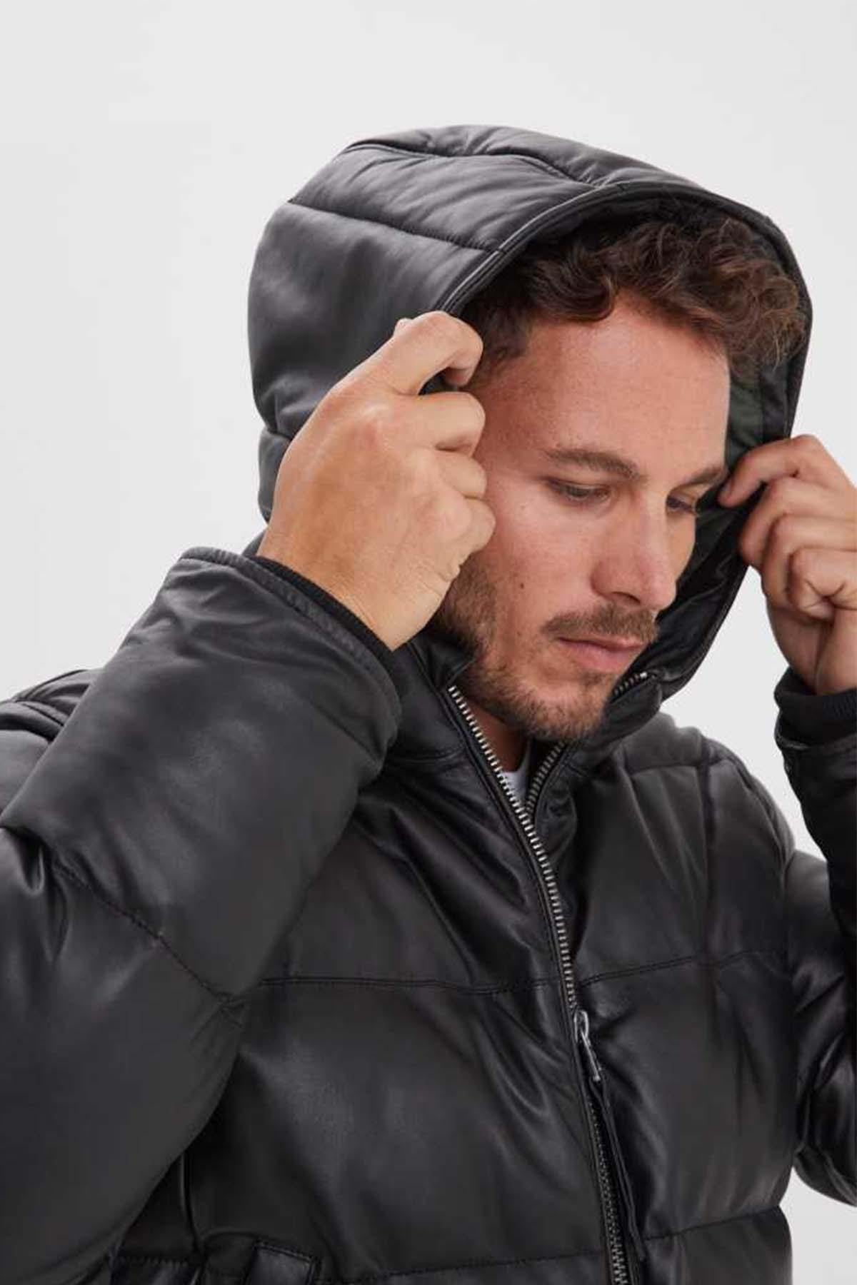 Black leather down jacket for men - Image n°2