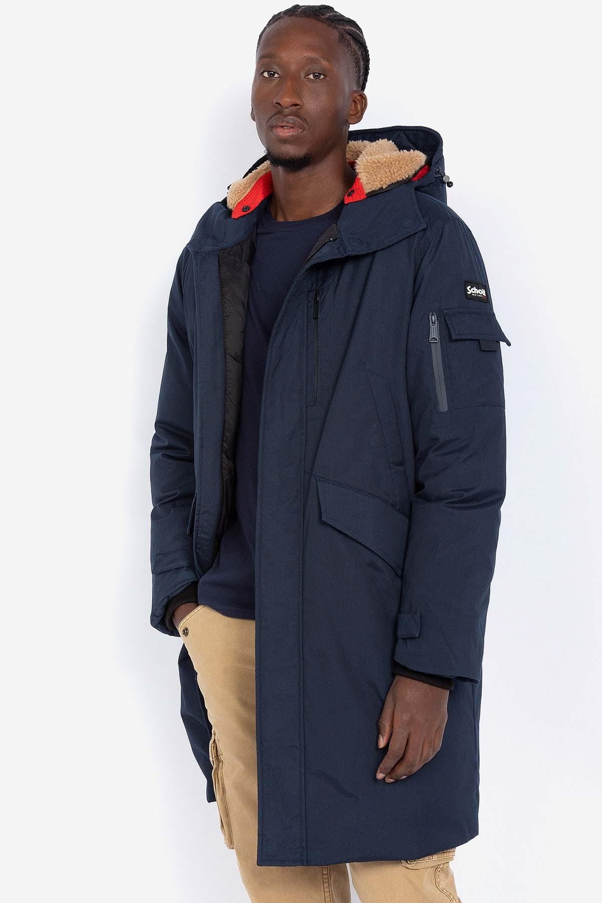 Long navy blue hooded parka - Image n°5