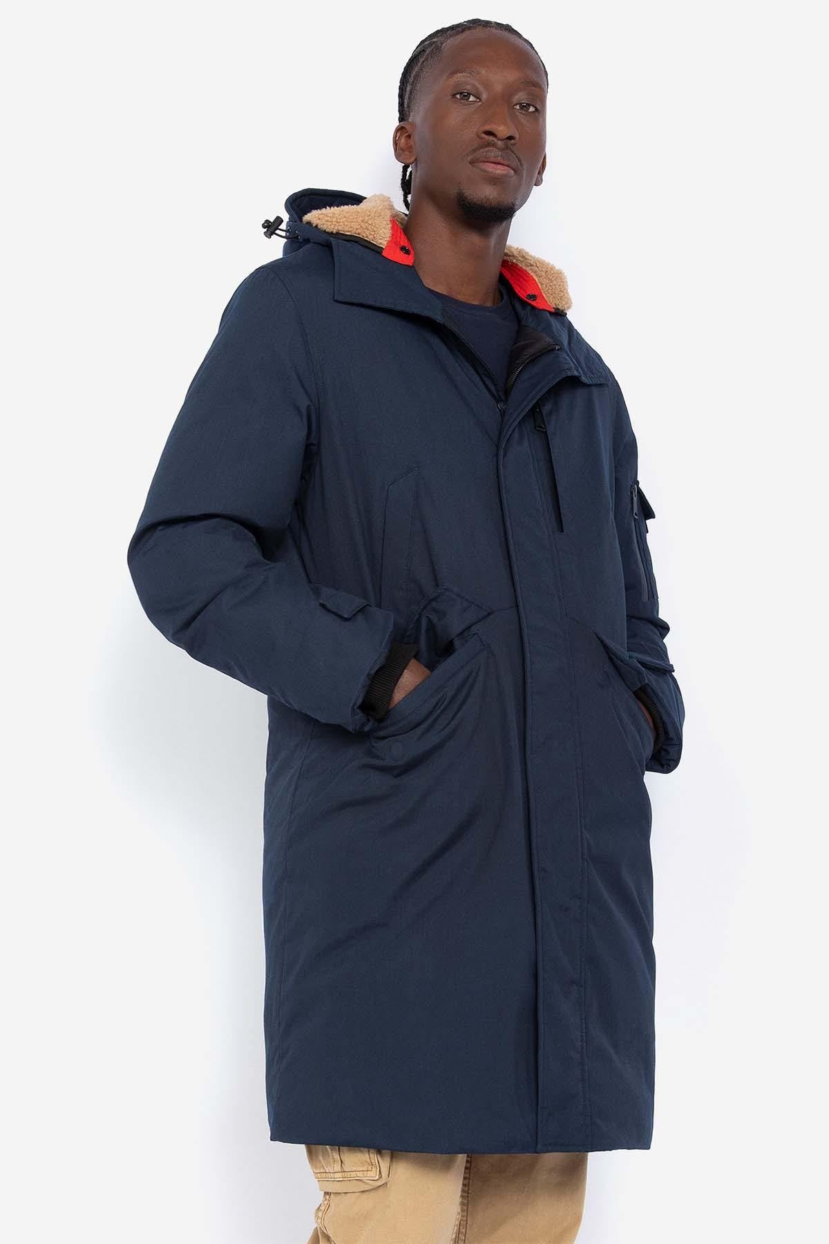 Long navy blue hooded parka - Image n°1