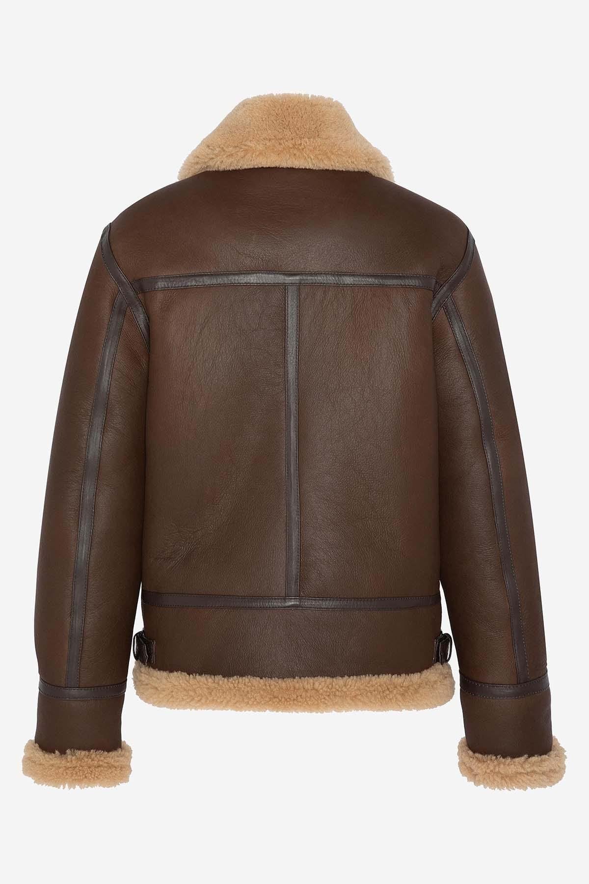 Cognac/beige shearling bomber jacket - Image n°2