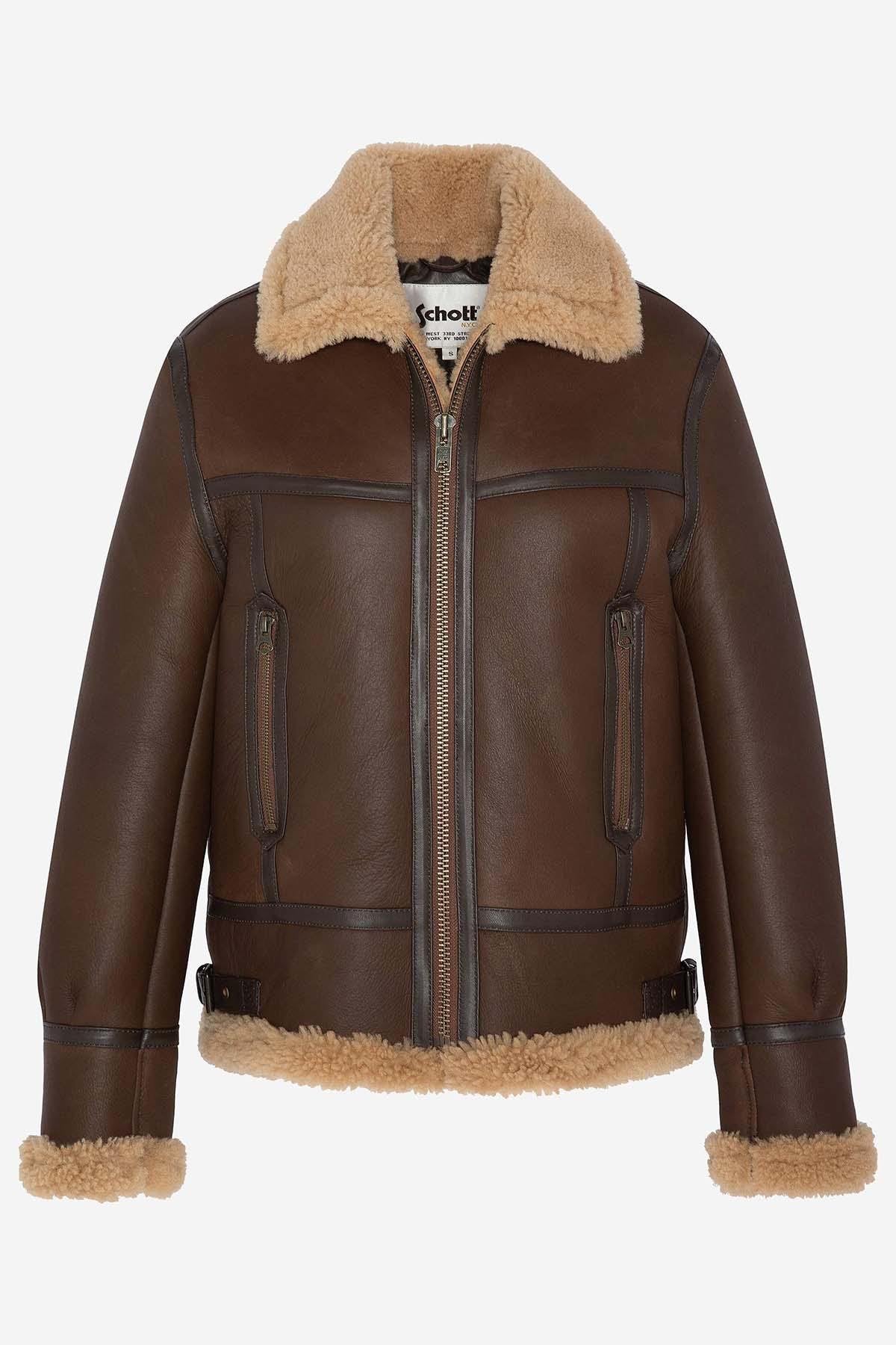 Cognac/beige shearling bomber jacket - Image n°1