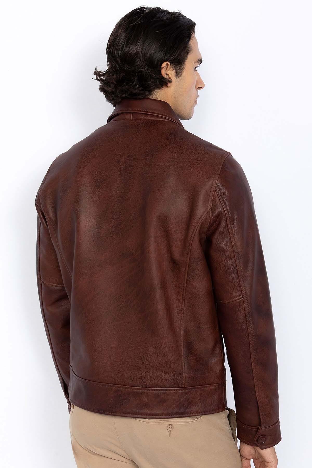 Men's burgundy shirt collar leather jacket - Image n°3