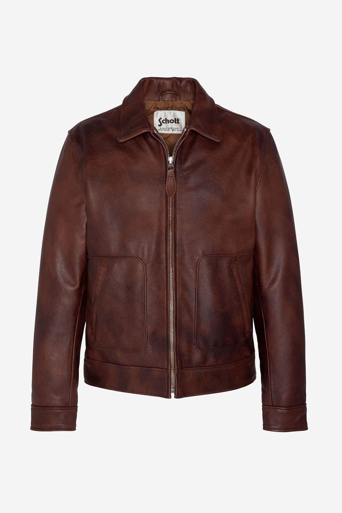 Men's burgundy shirt collar leather jacket - Image n°6