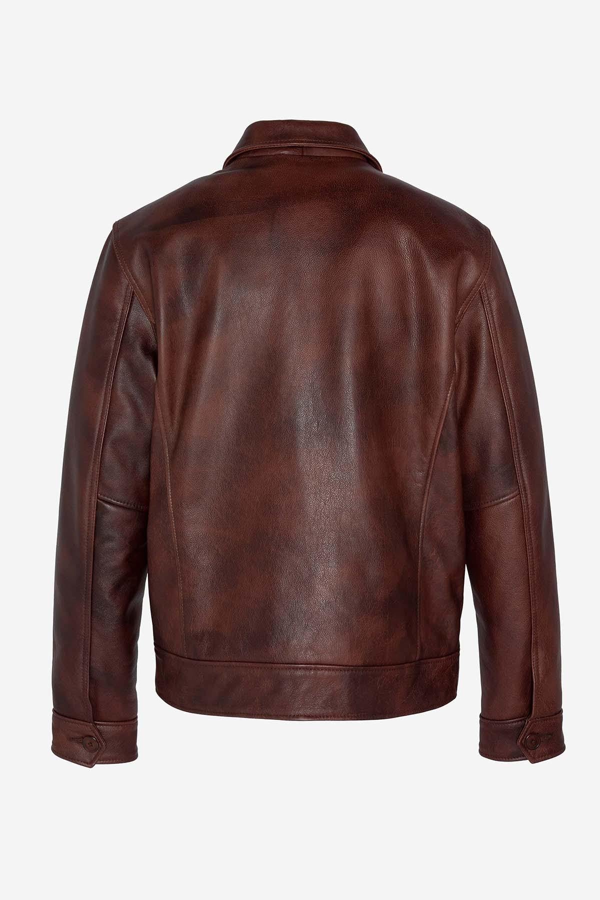 Men's burgundy shirt collar leather jacket - Image n°7