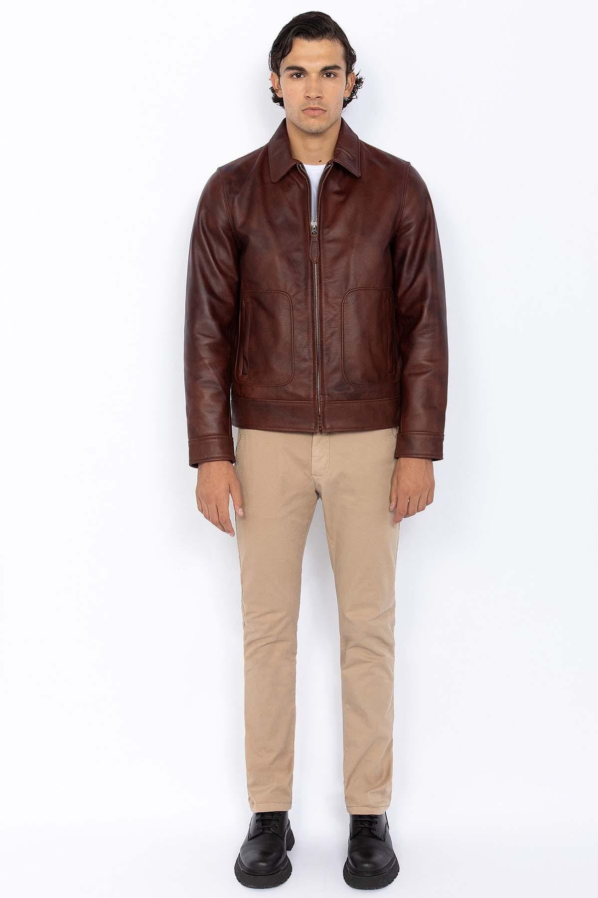 Men's burgundy shirt collar leather jacket - Image n°2