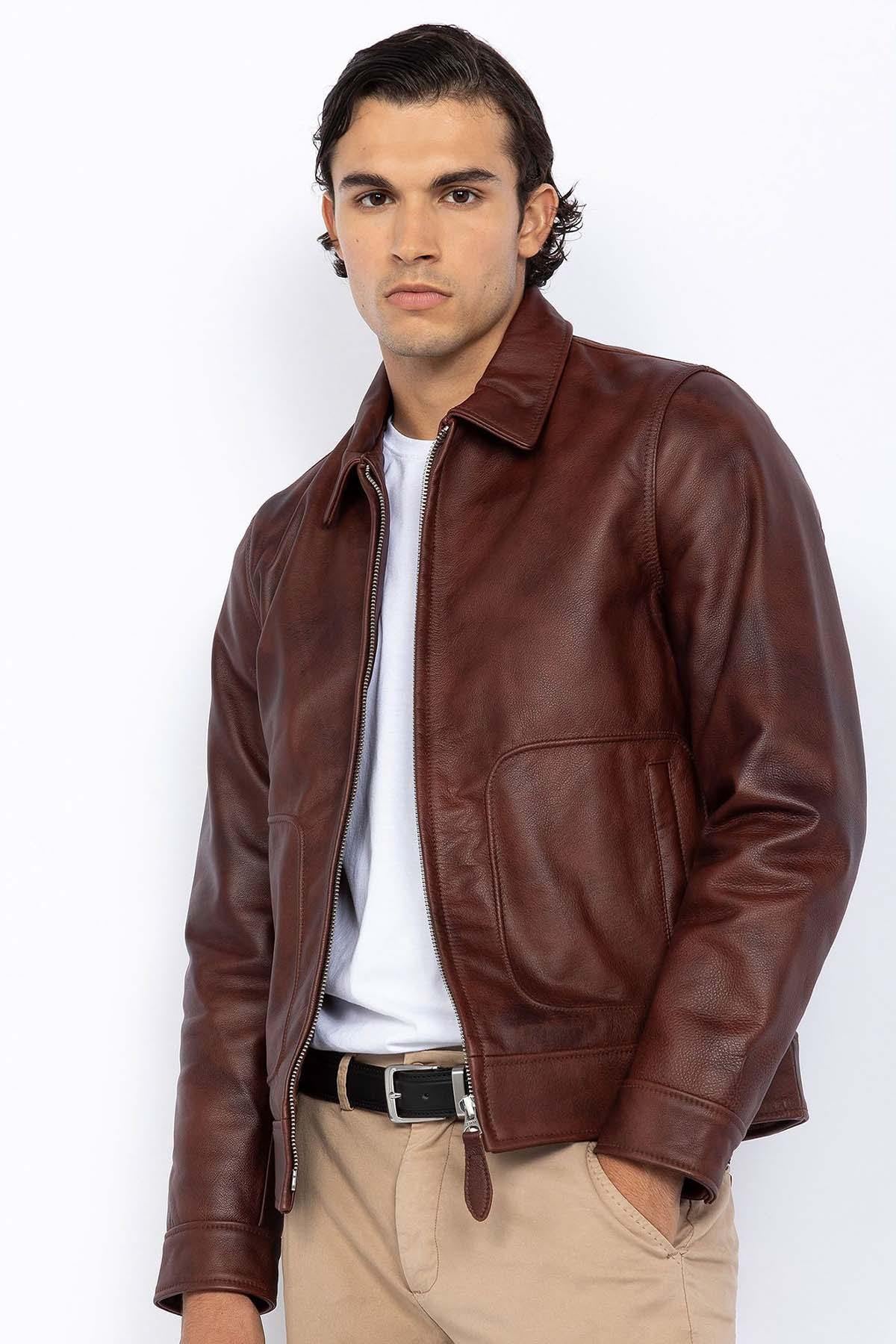 Men's burgundy shirt collar leather jacket - Image n°1