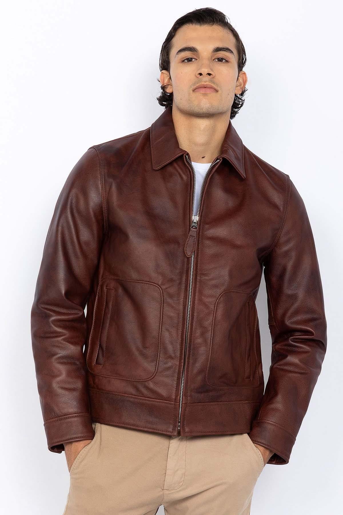 Men's burgundy shirt collar leather jacket - Image n°5