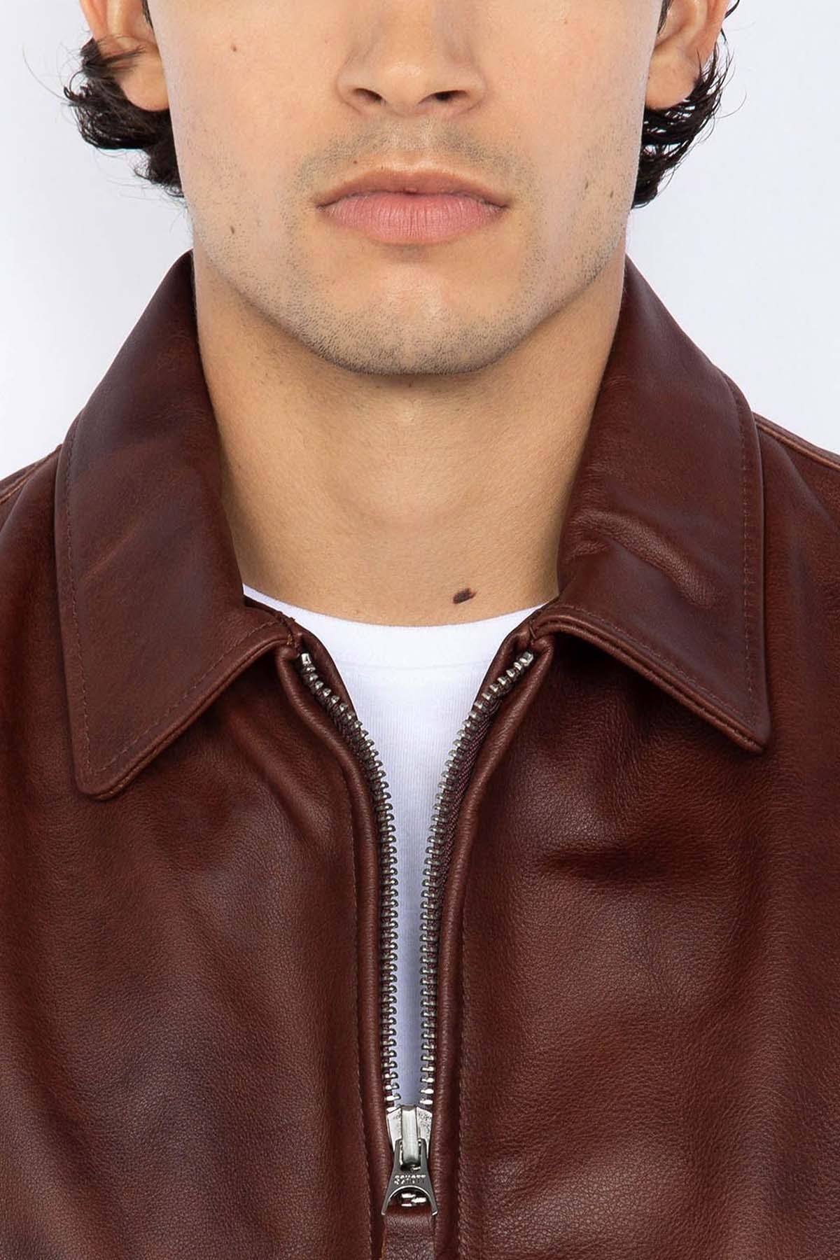 Men's burgundy shirt collar leather jacket - Image n°4