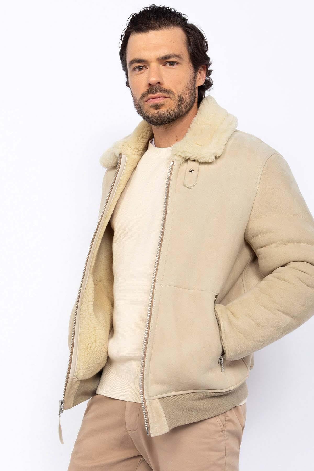 Men's beige leather bomber jacket - Image n°5