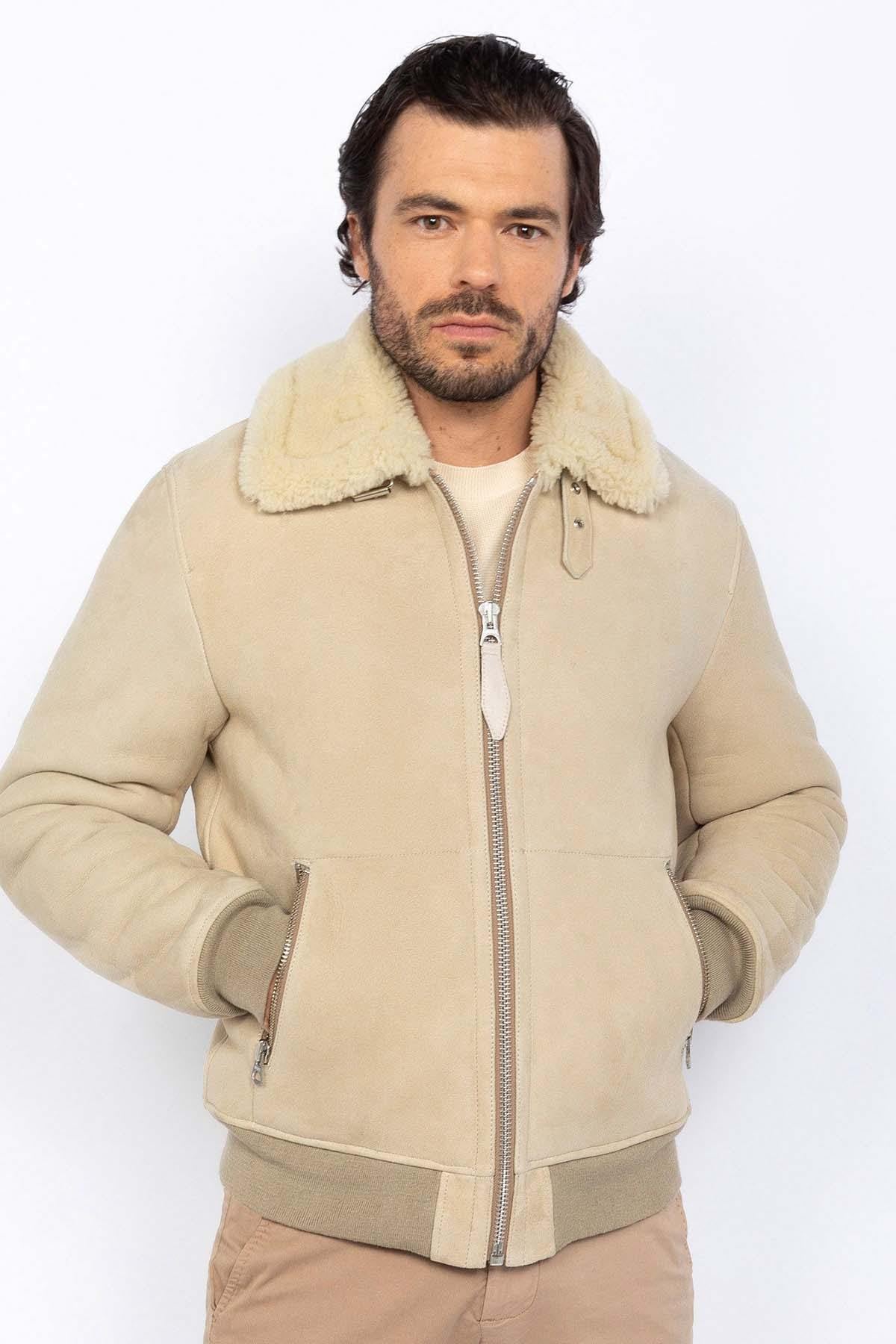 Men's beige leather bomber jacket - Image n°1