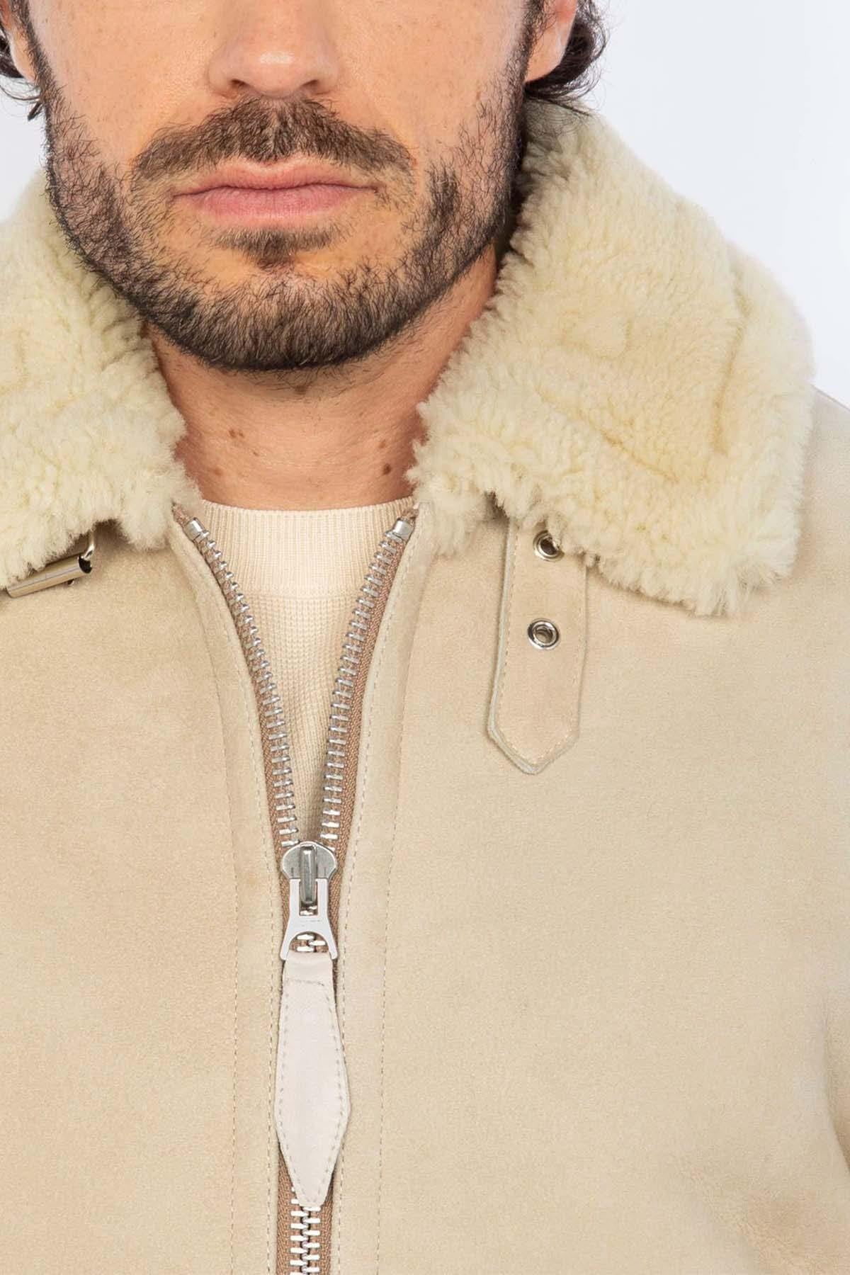 Men's beige leather bomber jacket - Image n°2