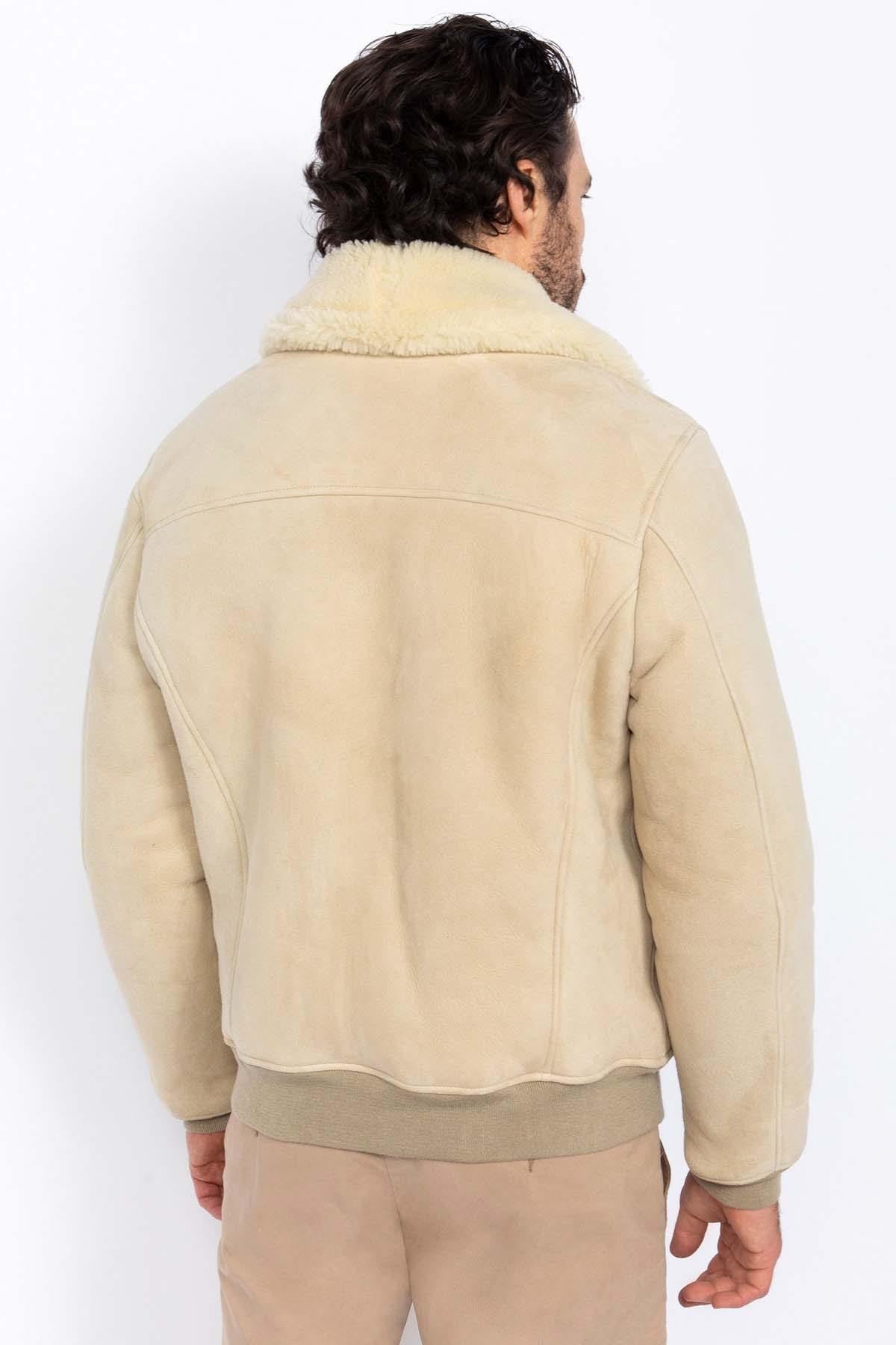 Men's beige leather bomber jacket - Image n°3