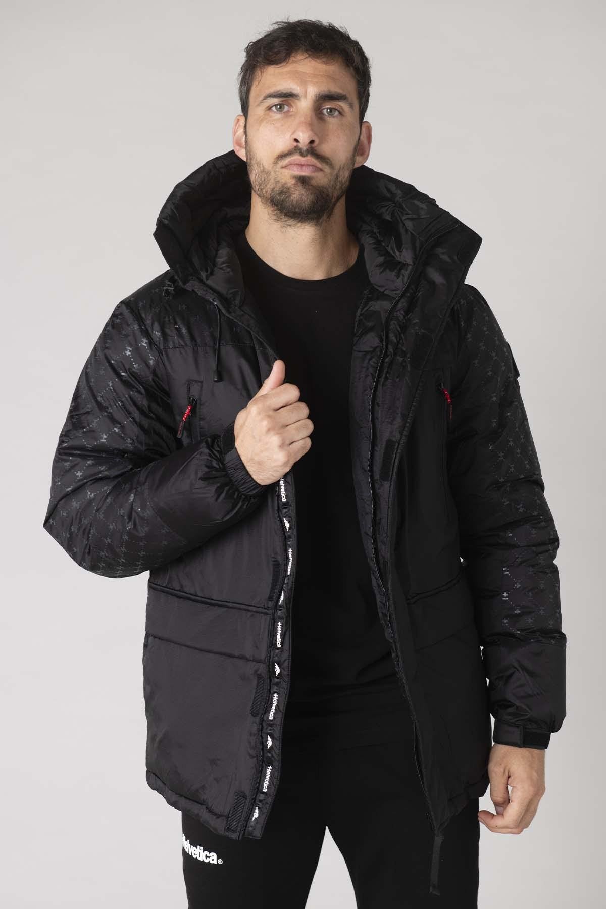 Black hooded parka with print pattern - Image n°1