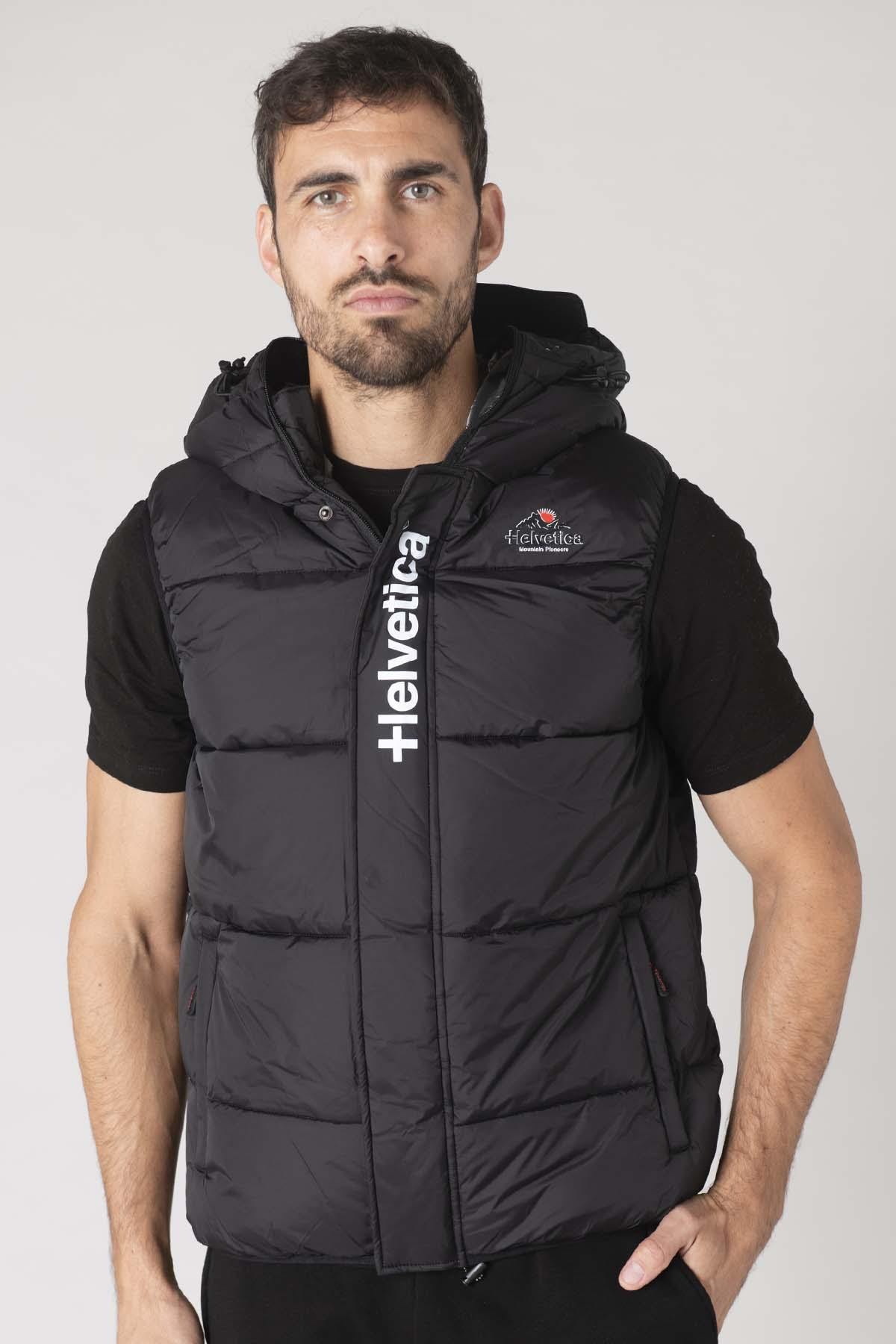 Black sleeveless down jacket with integrated mask - Image n°1