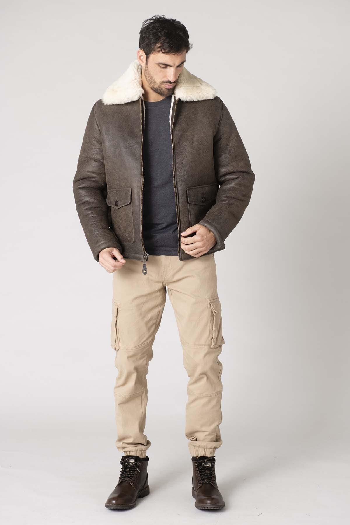 Brown leather aviator bomber for men - Image n°2