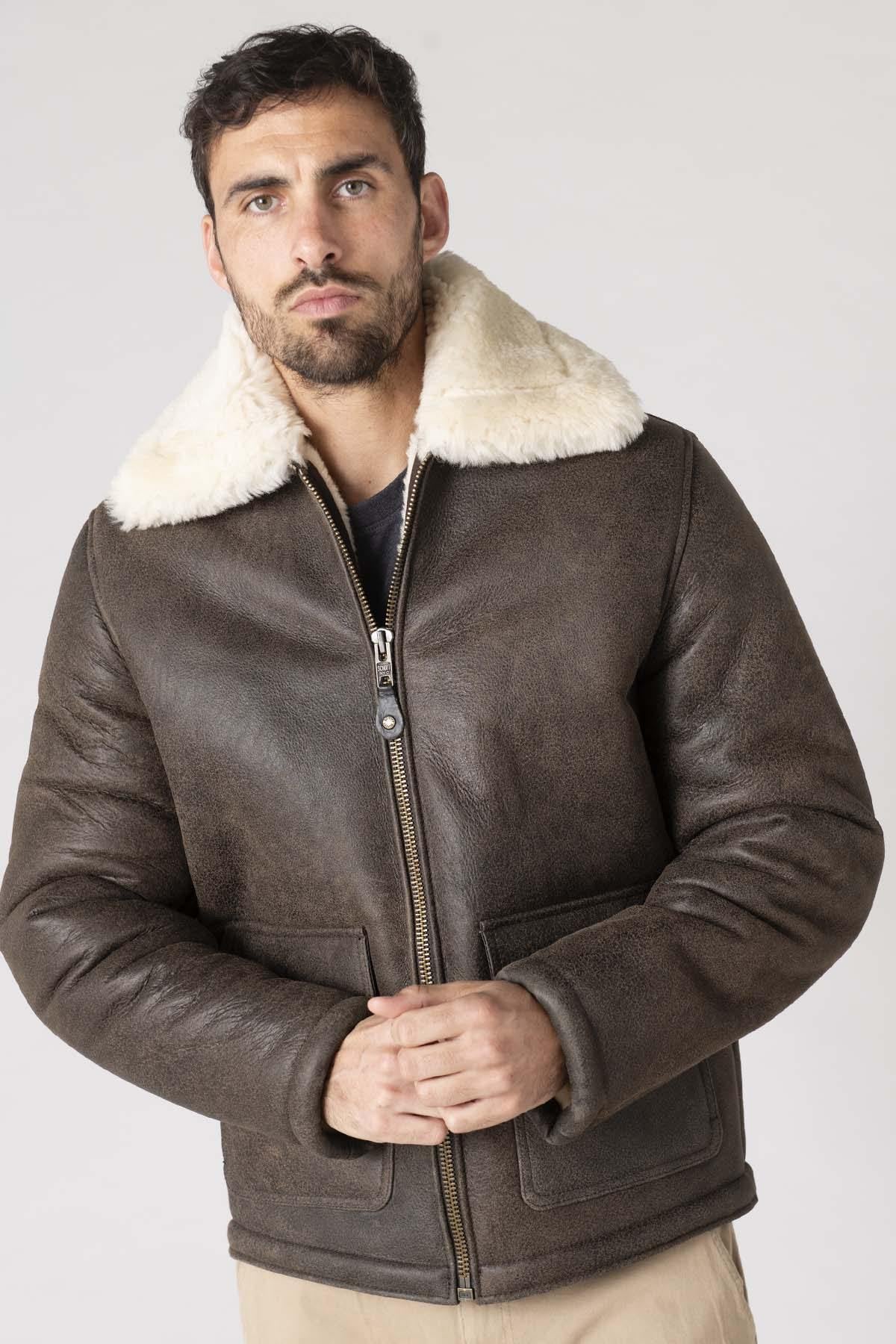 Brown leather aviator bomber for men - Image n°1