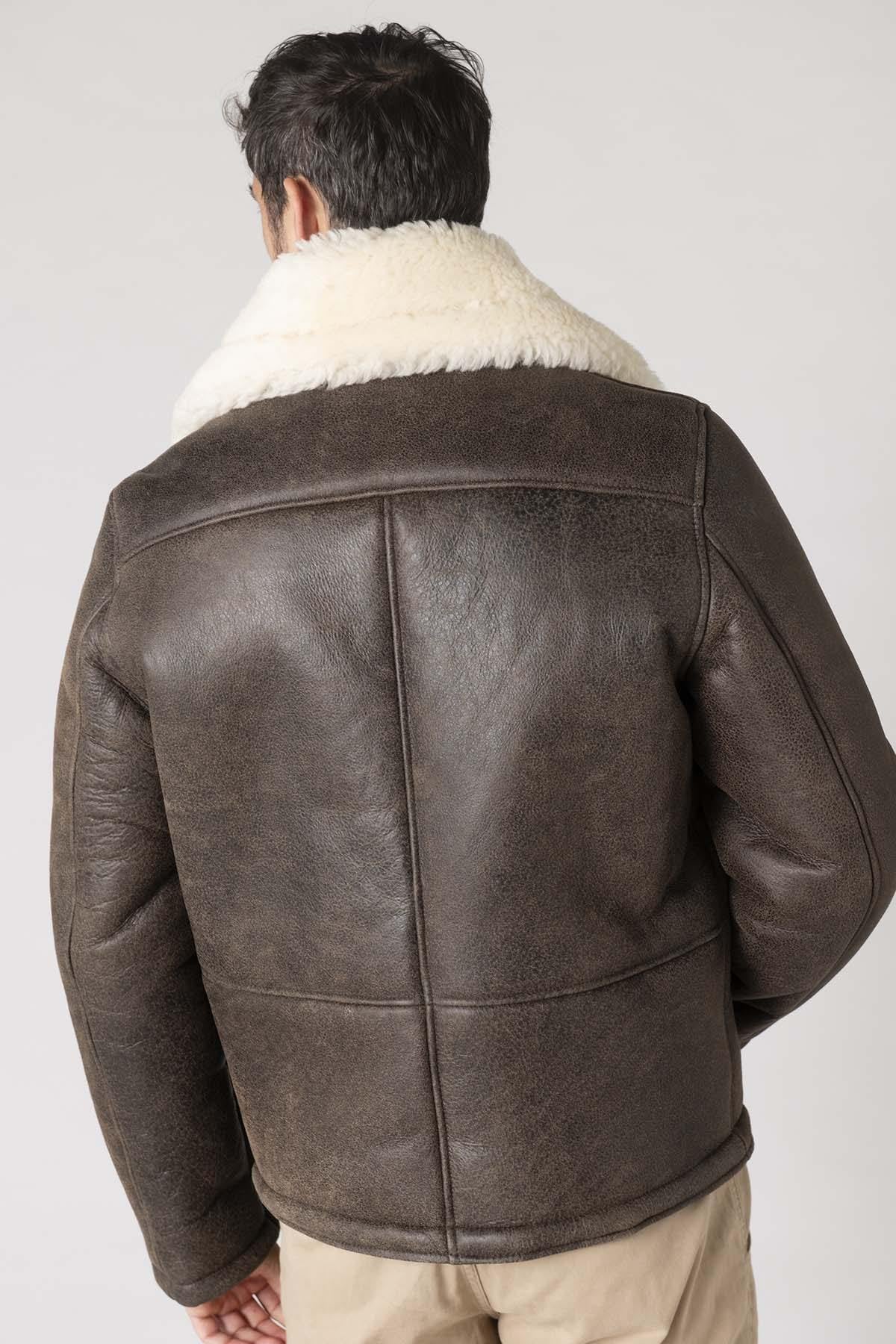 Brown leather aviator bomber for men - Image n°3